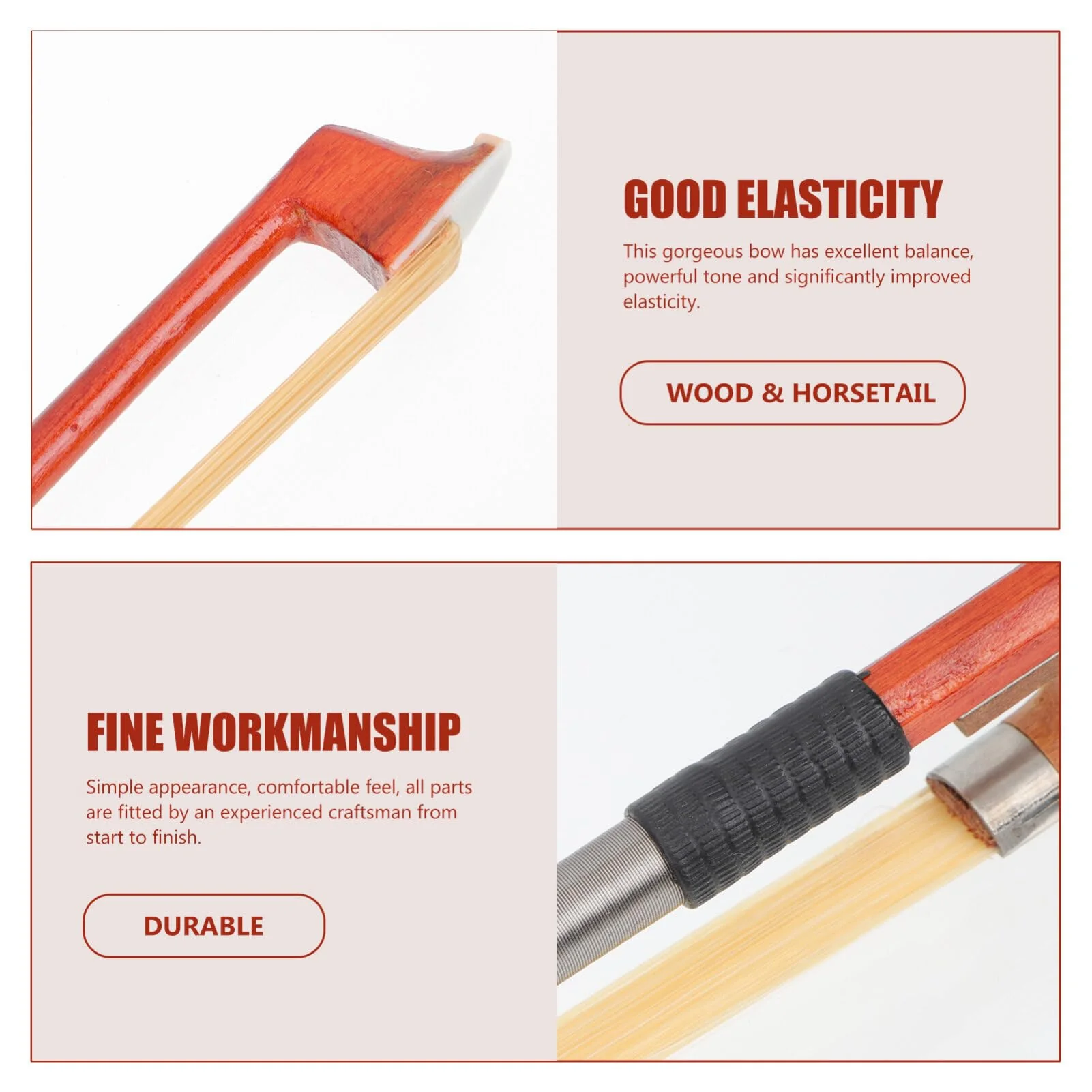 Vaguelly 3/4 Violin Bow Violin, Horsetail Hair Bow, Red Wood Round Stick Replacement Violin Bow, Violin Accessory Part - Image 2