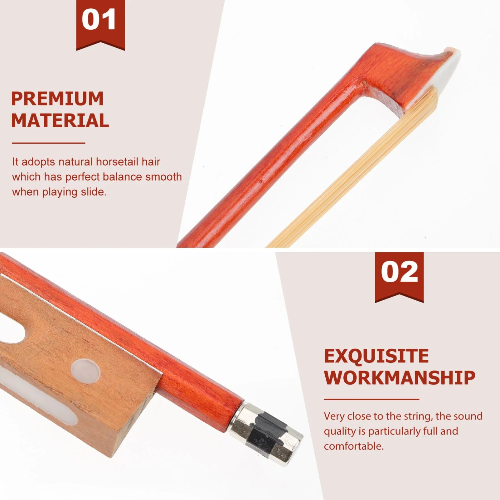 Vaguelly 3/4 Violin Bow Violin, Horsetail Hair Bow, Red Wood Round Stick Replacement Violin Bow, Violin Accessory Part - Image 4
