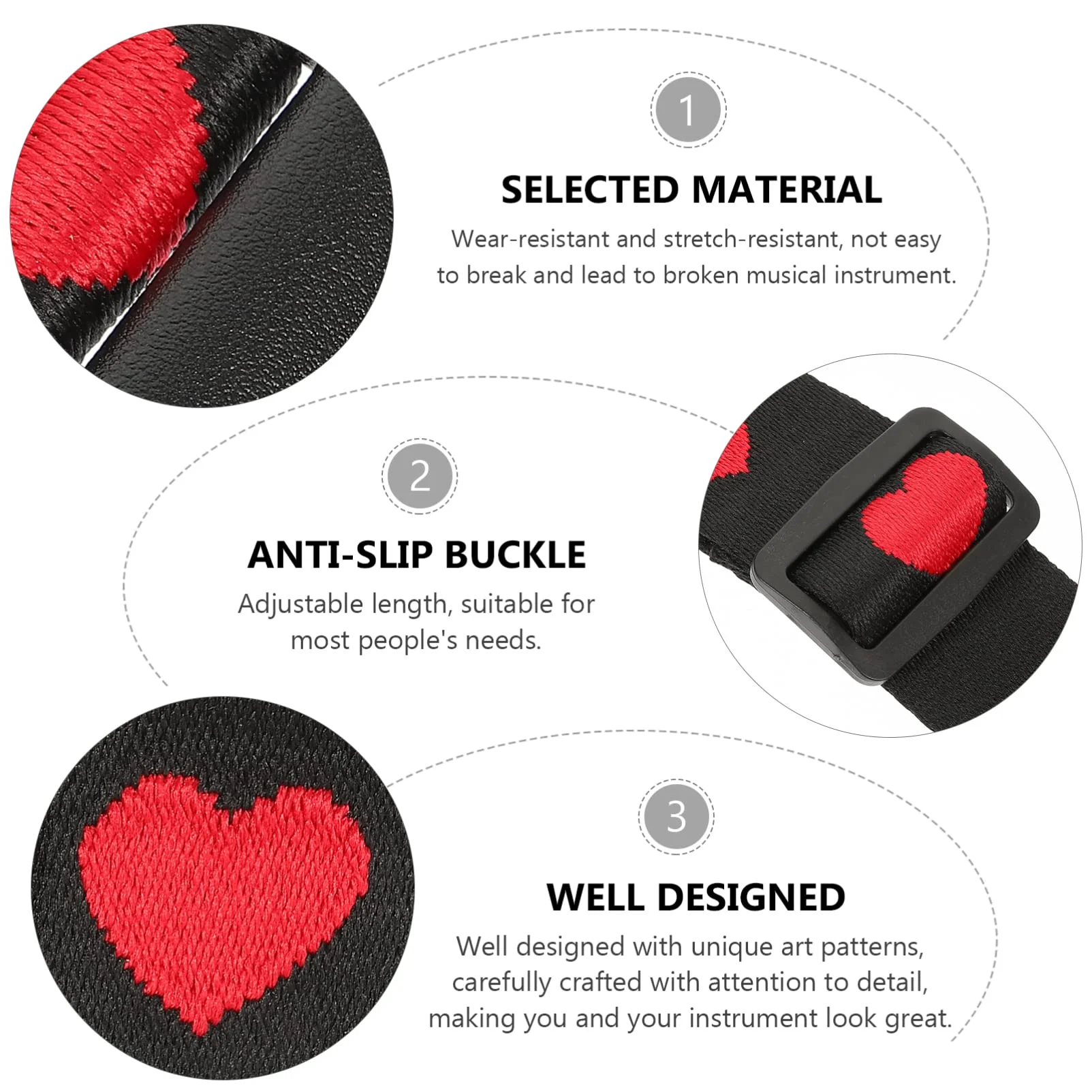 Vaguelly Guitar Strap, Adjustable Nylon Shoulder Strap with PU Ends, Embroidery Guitar Shoulder Strap Red Heart Patterned - Image 7