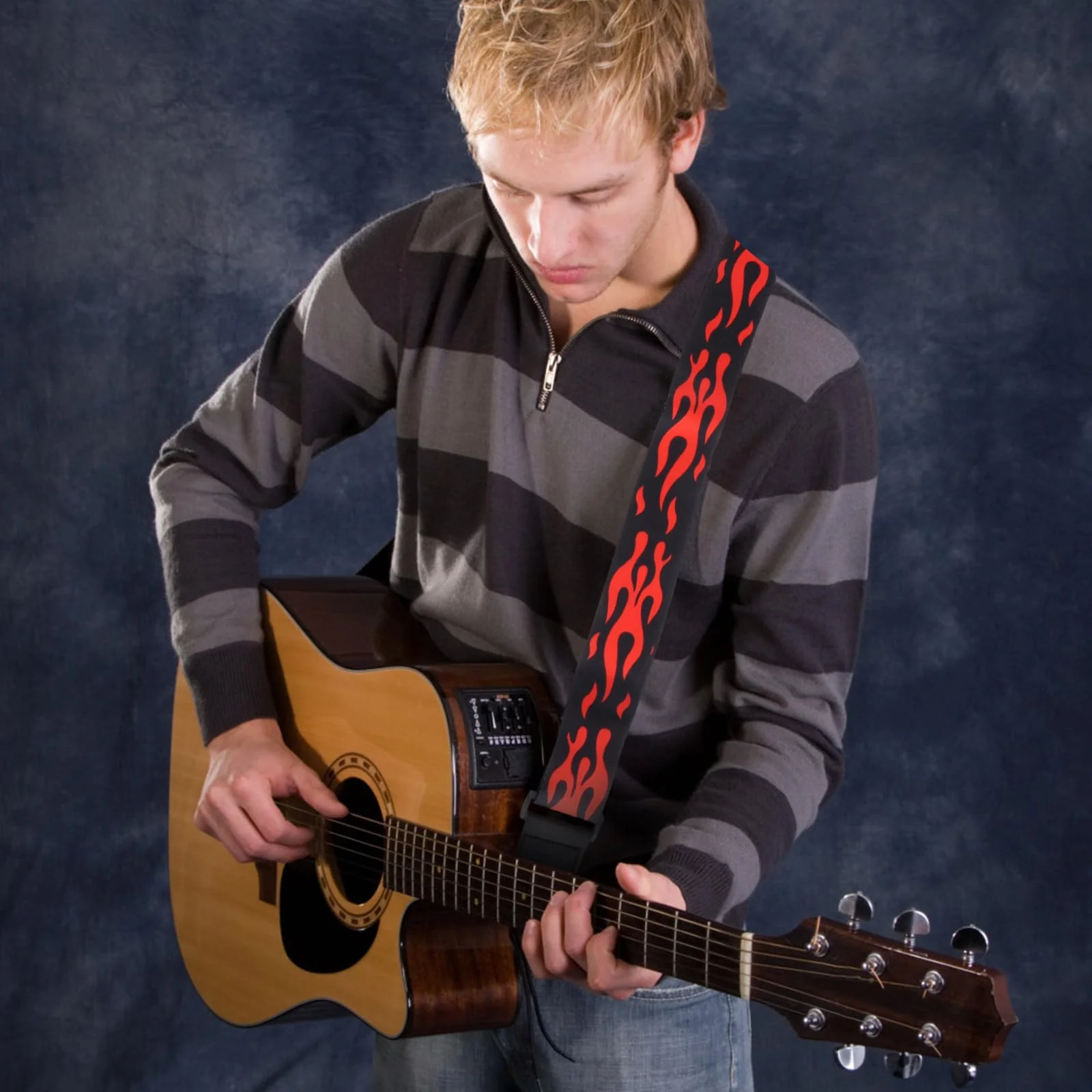 Vaguelly Guitar Strap, Red Flame Jacquard Guitar Strap with Leather End, Adjustable Length, for Guitar As Shown01 - Image 3