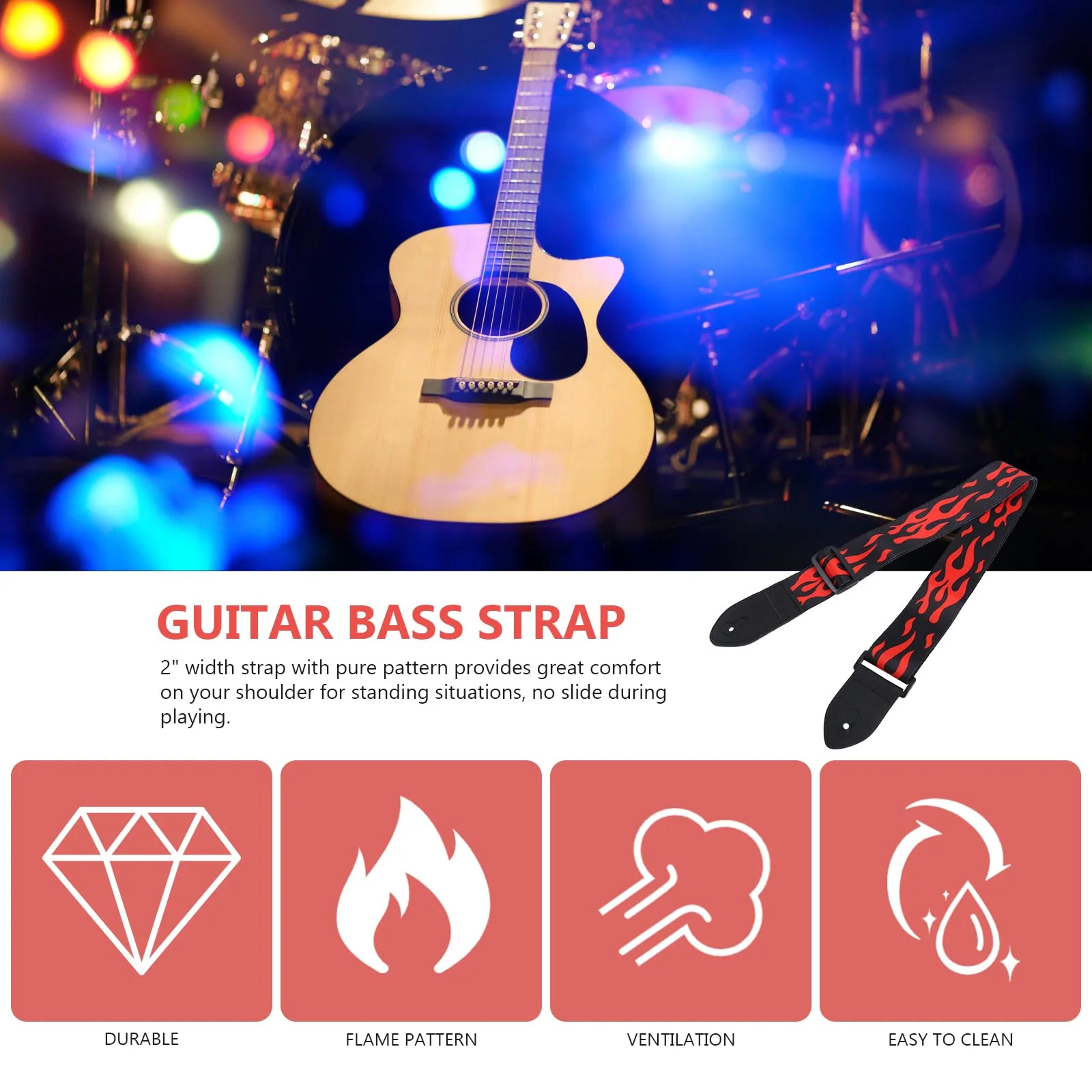Vaguelly Guitar Strap, Red Flame Jacquard Guitar Strap with Leather End, Adjustable Length, for Guitar As Shown01 - Image 4