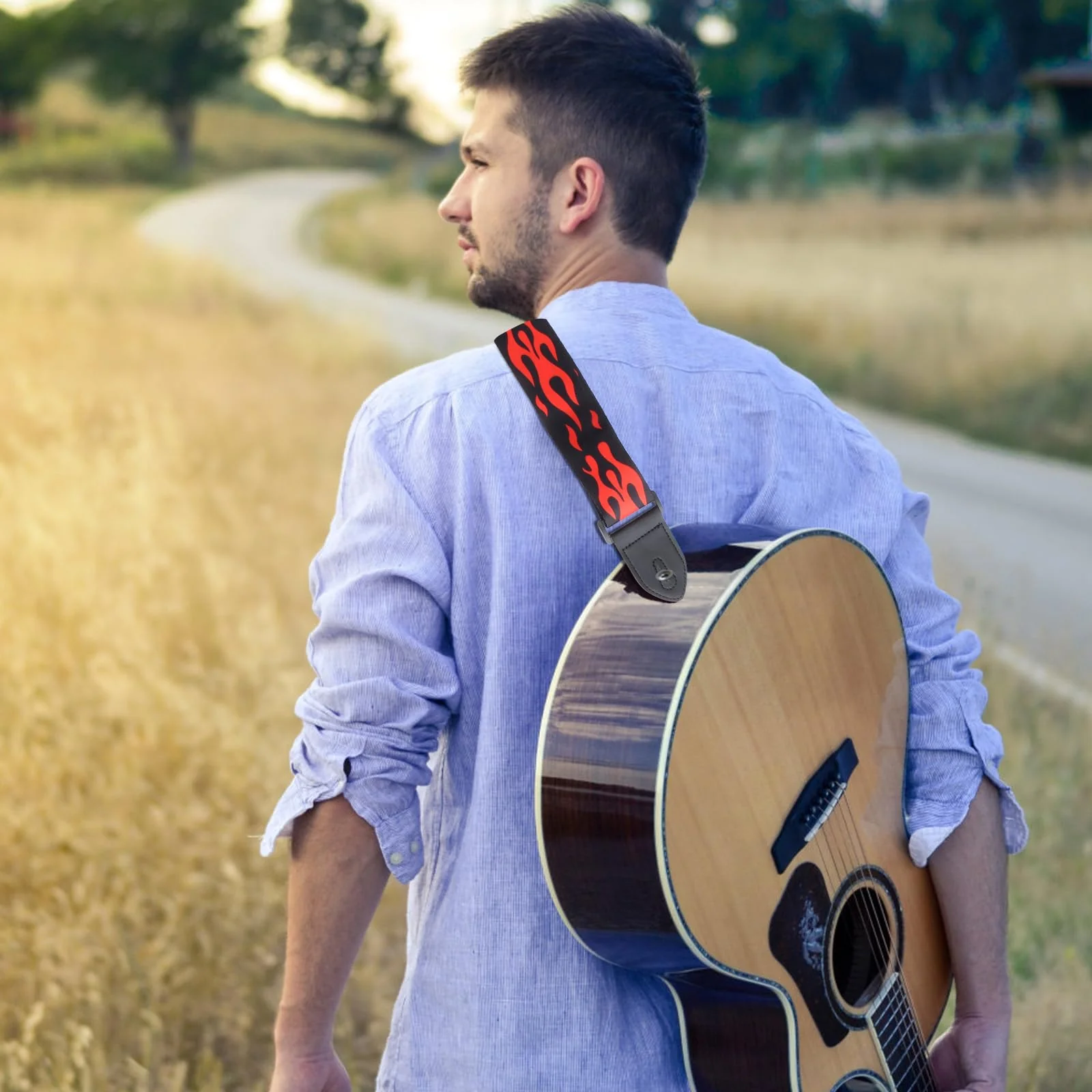Vaguelly Guitar Strap, Red Flame Jacquard Guitar Strap with Leather End, Adjustable Length, for Guitar As Shown01 - Image 9