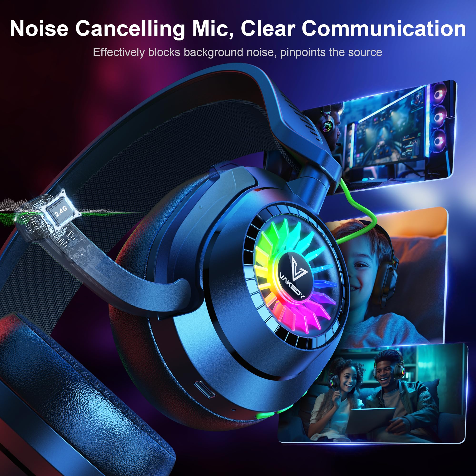 Vakedy HW10 Wireless Gaming Headset for PS5, PS4, PC, Switch, Mac, 2.4GHz Wireless Gaming Headphone with Flip Noise Canceling Mic, 50H Battery, 50mm Drivers, RGB Lights (Cool Black) Cool Black - Image 2
