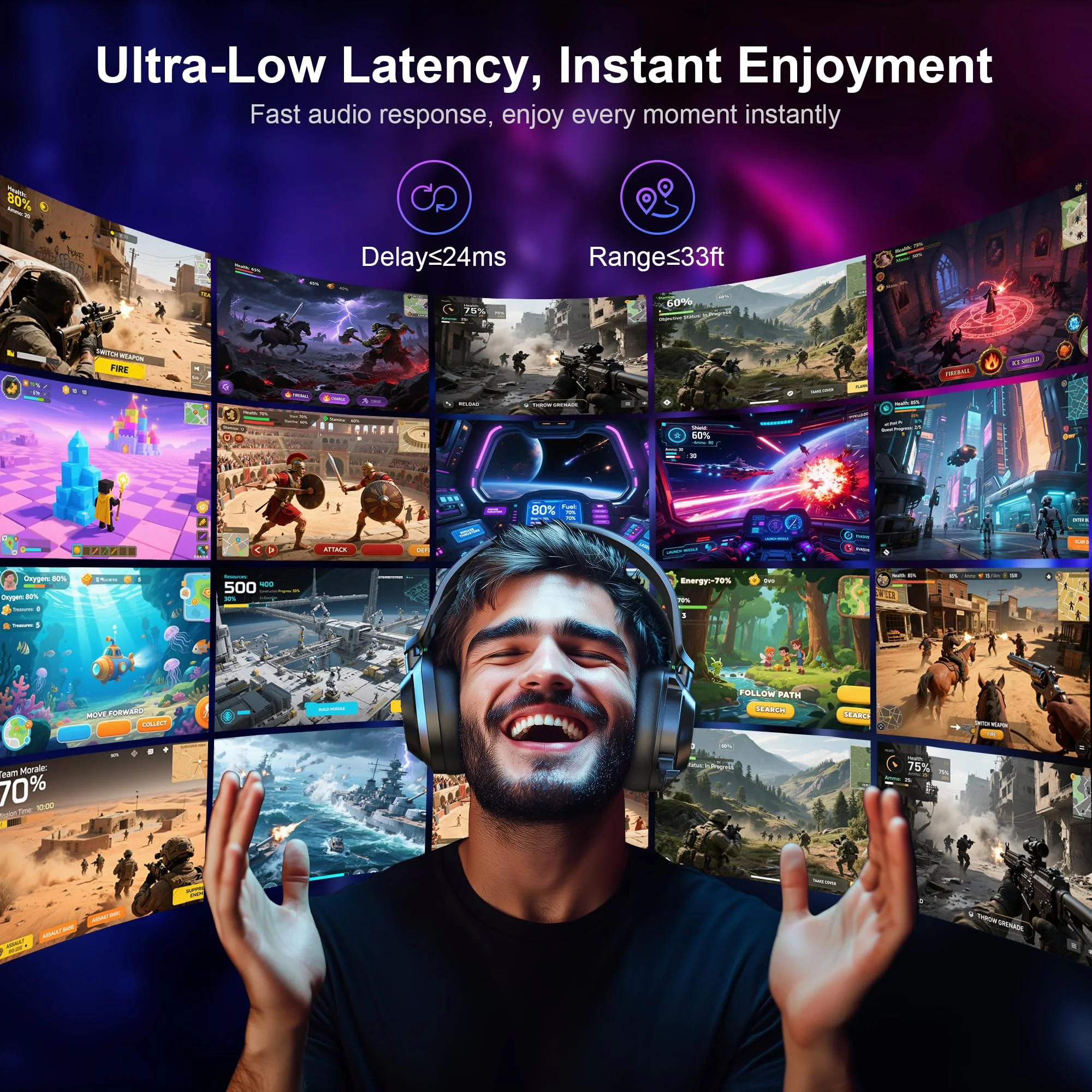 Vakedy HW10 Wireless Gaming Headset for PS5, PS4, PC, Switch, Mac, 2.4GHz Wireless Gaming Headphone with Flip Noise Canceling Mic, 50H Battery, 50mm Drivers, RGB Lights (Cool Black) Cool Black - Image 3