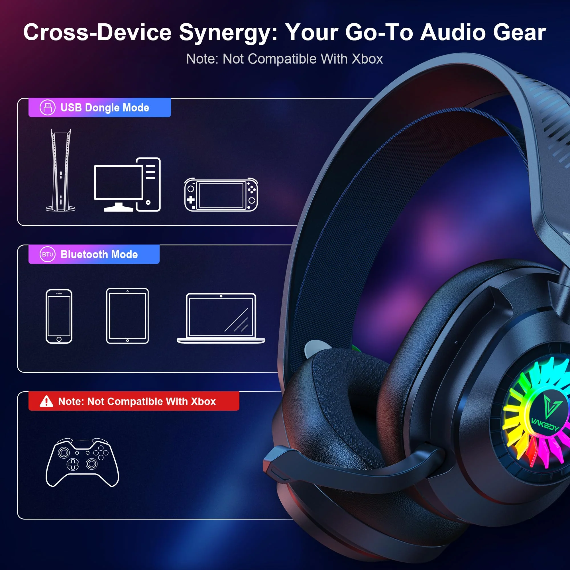 Vakedy HW10 Wireless Gaming Headset for PS5, PS4, PC, Switch, Mac, 2.4GHz Wireless Gaming Headphone with Flip Noise Canceling Mic, 50H Battery, 50mm Drivers, RGB Lights (Cool Black) Cool Black - Image 4