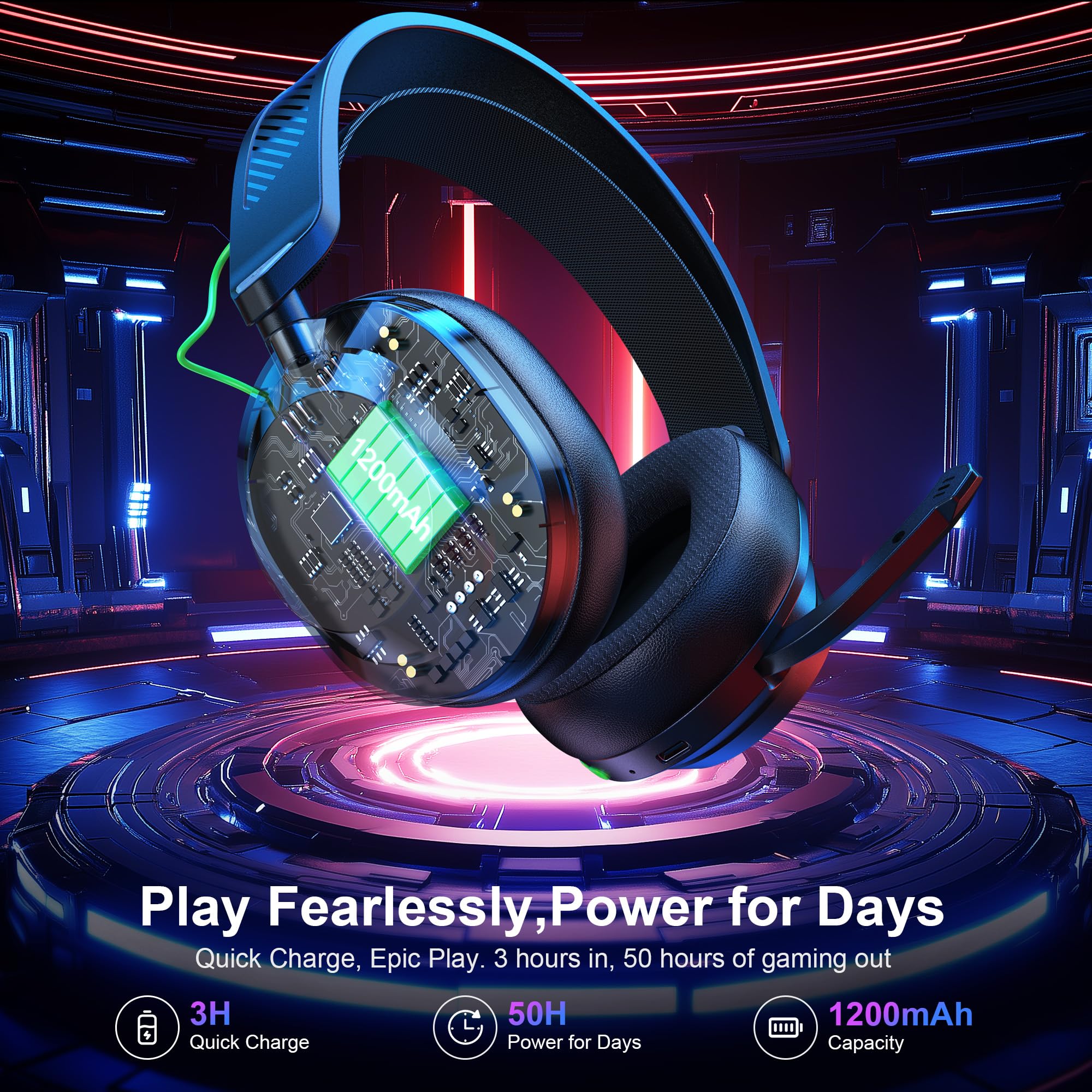 Vakedy HW10 Wireless Gaming Headset for PS5, PS4, PC, Switch, Mac, 2.4GHz Wireless Gaming Headphone with Flip Noise Canceling Mic, 50H Battery, 50mm Drivers, RGB Lights (Cool Black) Cool Black - Image 5