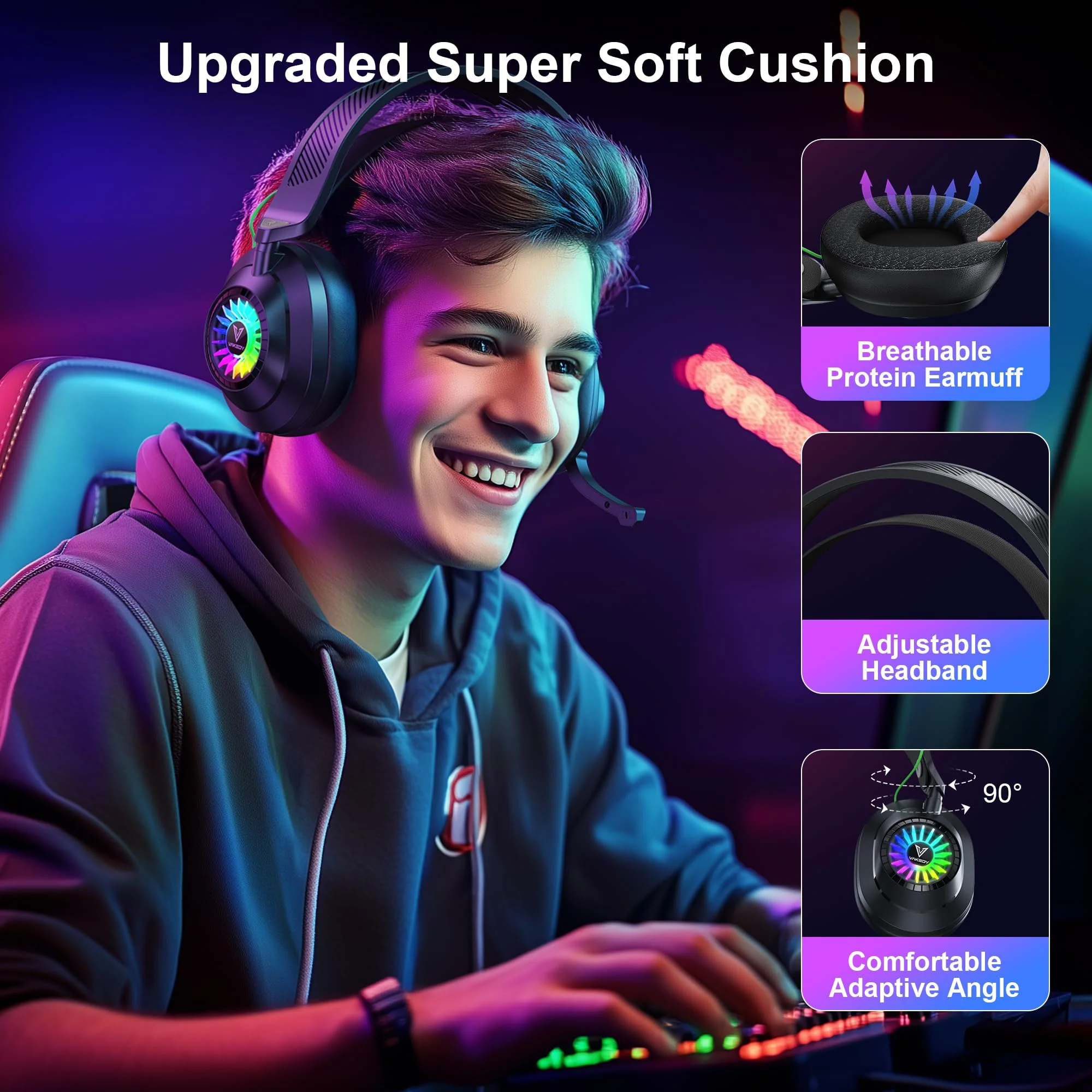 Vakedy HW10 Wireless Gaming Headset for PS5, PS4, PC, Switch, Mac, 2.4GHz Wireless Gaming Headphone with Flip Noise Canceling Mic, 50H Battery, 50mm Drivers, RGB Lights (Cool Black) Cool Black - Image 6
