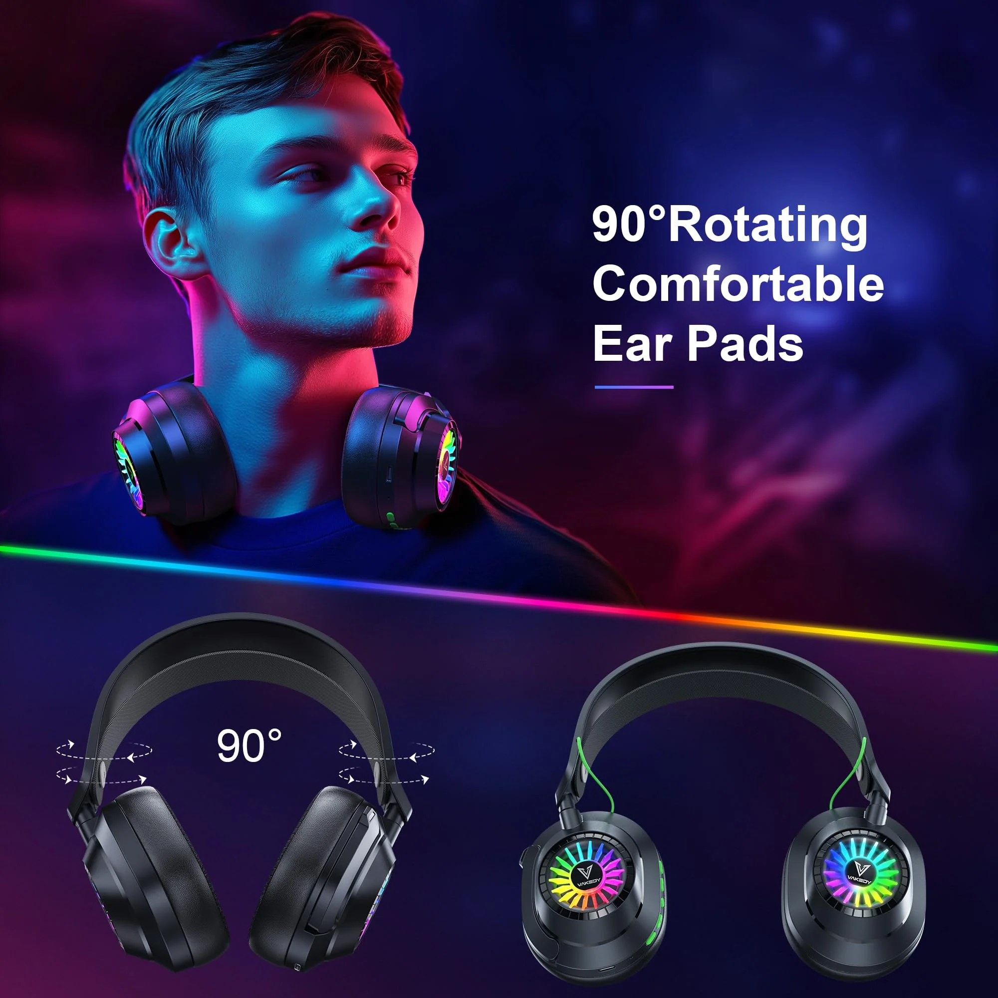 Vakedy HW10 Wireless Gaming Headset for PS5, PS4, PC, Switch, Mac, 2.4GHz Wireless Gaming Headphone with Flip Noise Canceling Mic, 50H Battery, 50mm Drivers, RGB Lights (Cool Black) Cool Black - Image 7