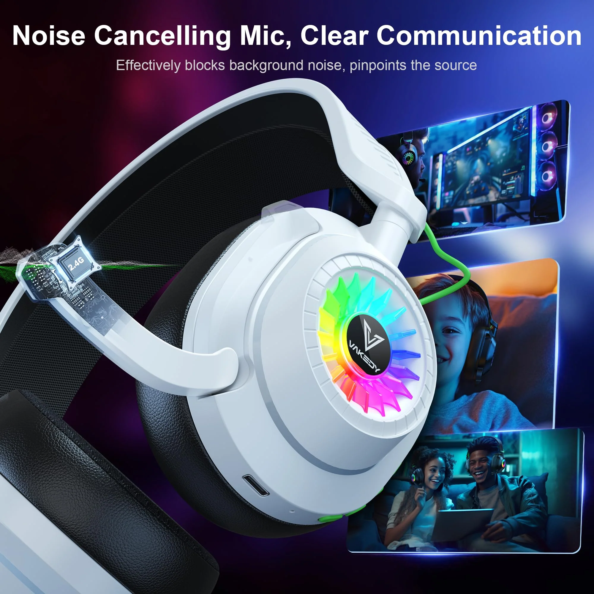 Vakedy HW10 Wireless Gaming Headset for PS5, PS4, PC, Switch, Mac, 2.4GHz Wireless Gaming Headphone with Flip Noise Canceling Mic, 50H Battery, 50mm Drivers, RGB Lights (White/Black) White/Black - Image 2