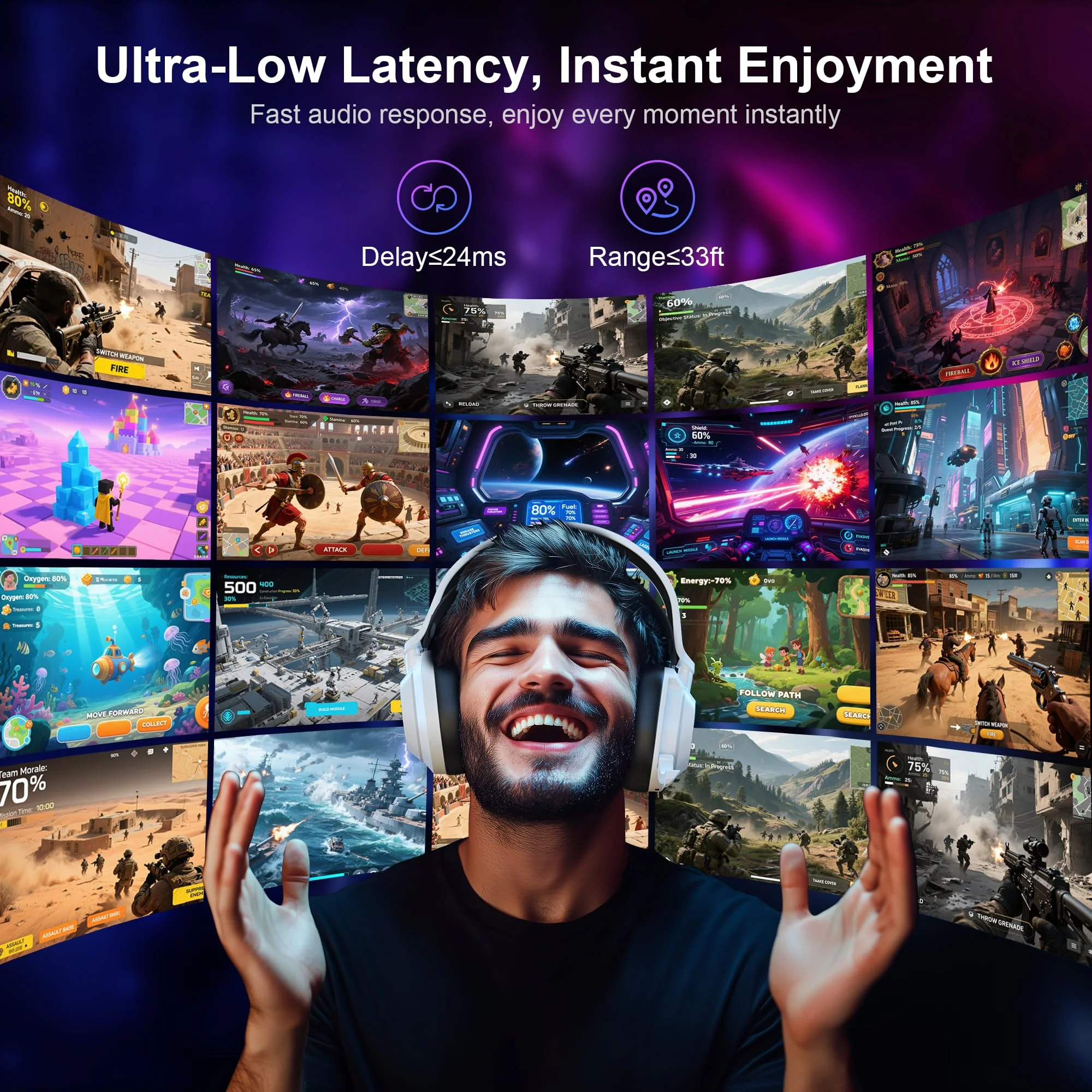 Vakedy HW10 Wireless Gaming Headset for PS5, PS4, PC, Switch, Mac, 2.4GHz Wireless Gaming Headphone with Flip Noise Canceling Mic, 50H Battery, 50mm Drivers, RGB Lights (White/Black) White/Black - Image 3