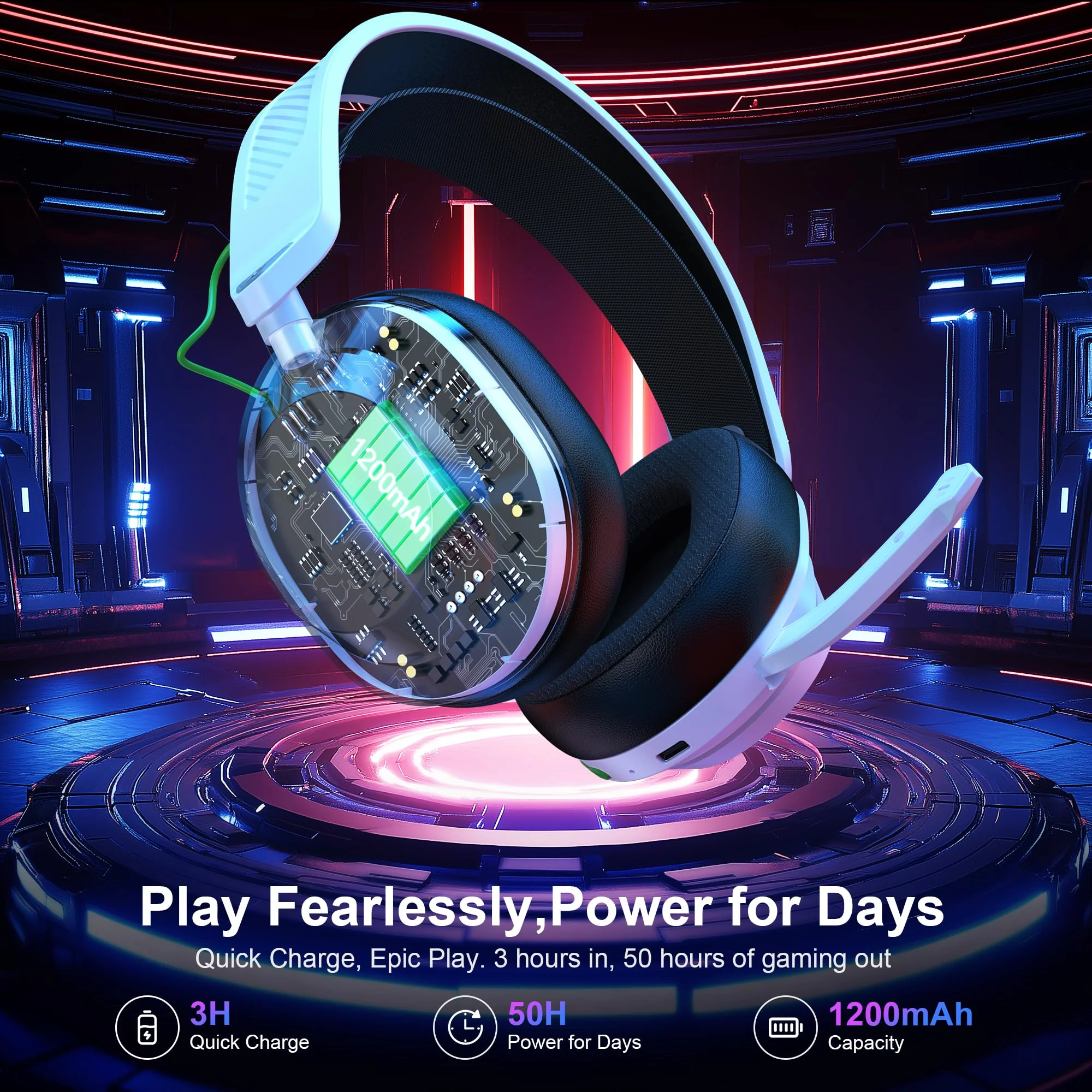 Vakedy HW10 Wireless Gaming Headset for PS5, PS4, PC, Switch, Mac, 2.4GHz Wireless Gaming Headphone with Flip Noise Canceling Mic, 50H Battery, 50mm Drivers, RGB Lights (White/Black) White/Black - Image 4