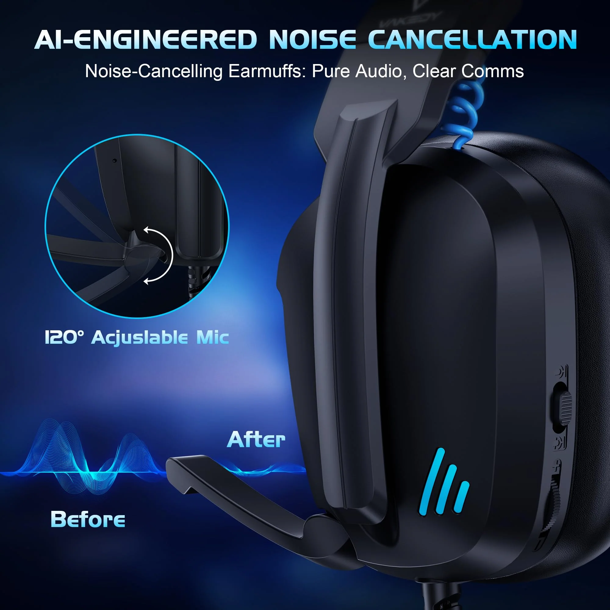 Vakedy Wired Gaming Headset for PC, PS5, PS4, Switch, Gaming Headphones with Noise Canceling Microphone,Computer Headsets with 3.5mm Audio Jack,Folding Design (Black/Blue) Black/Blue - Image 5