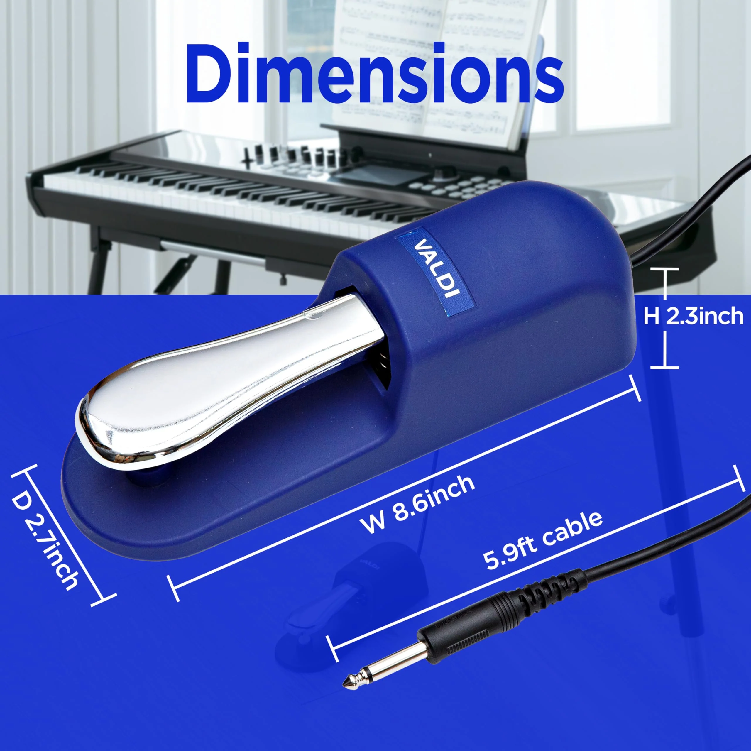 VALDI BP-3 Sustain Pedal - Universal Pedal for Keyboard Piano, Digital Pianos, MIDI Keyboards & Synths - Conversion Switch for All Brands - 1/4'' Jack, Anti-Slip Design, Extended Cable (BULE) BULE - Image 7