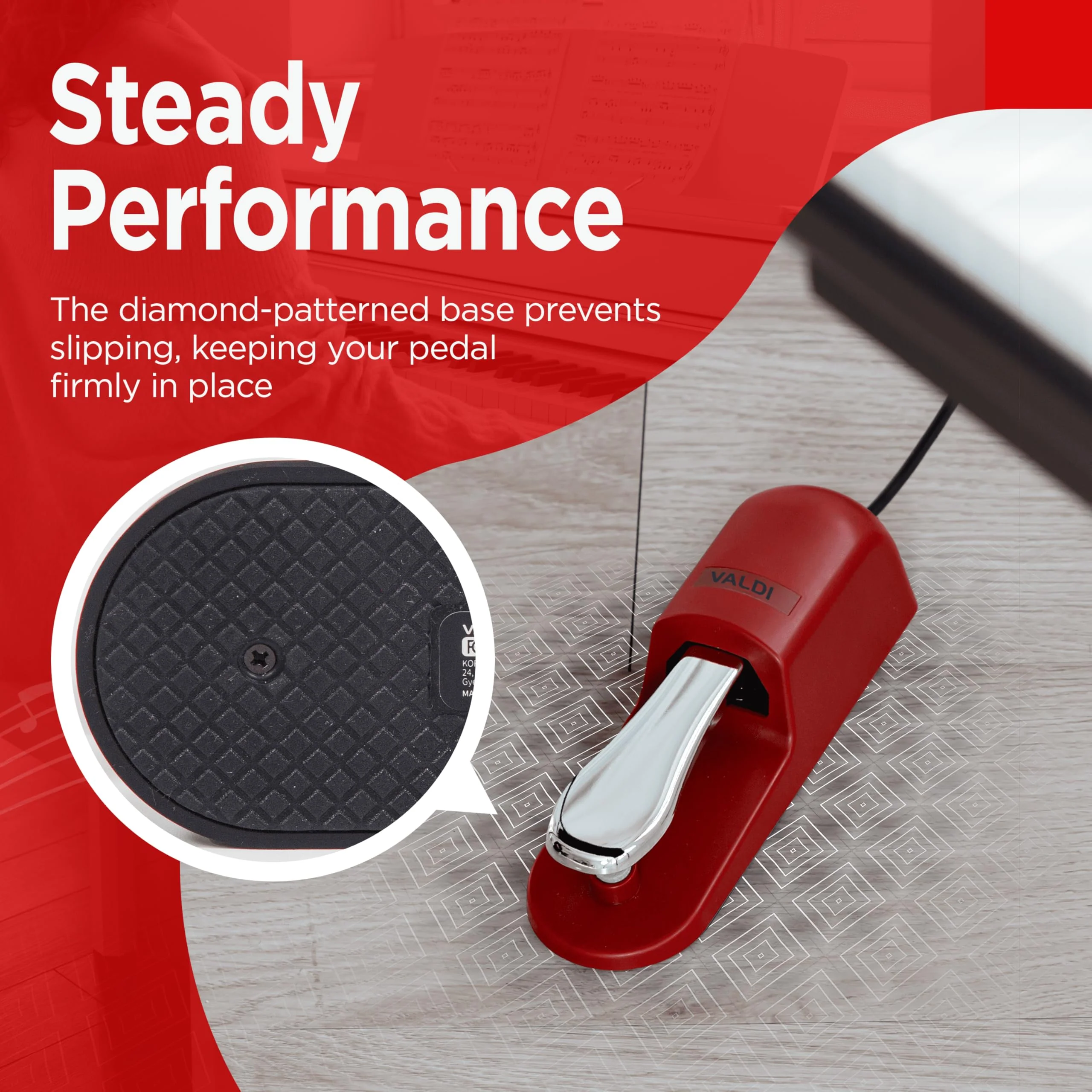 VALDI BP-3 Sustain Pedal - Universal Pedal for Keyboard Piano, Digital Pianos, MIDI Keyboards & Synths - Conversion Switch for All Brands - 1/4'' Jack, Anti-Slip Design, Extended Cable (RED) RED - Image 3