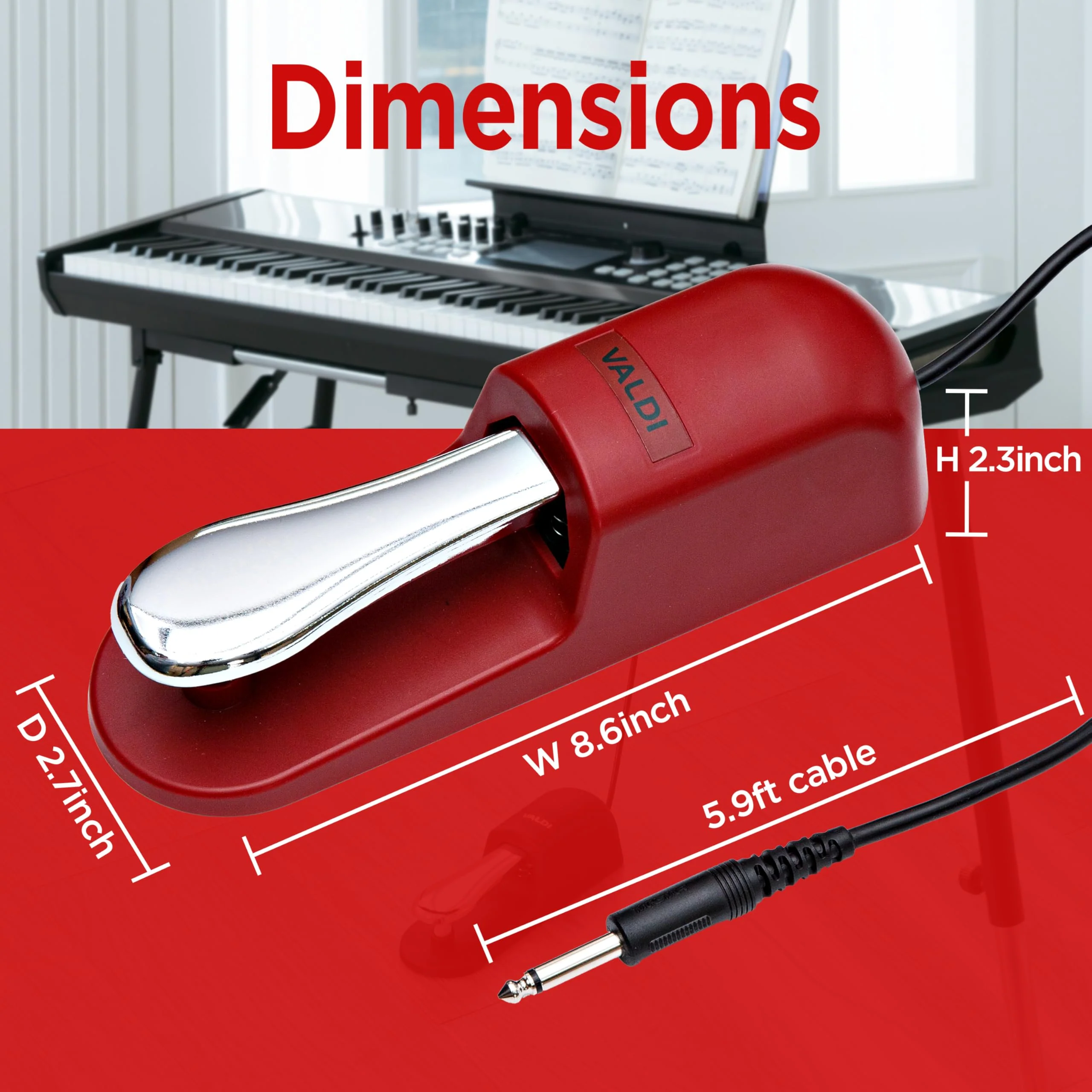 VALDI BP-3 Sustain Pedal - Universal Pedal for Keyboard Piano, Digital Pianos, MIDI Keyboards & Synths - Conversion Switch for All Brands - 1/4'' Jack, Anti-Slip Design, Extended Cable (RED) RED - Image 6