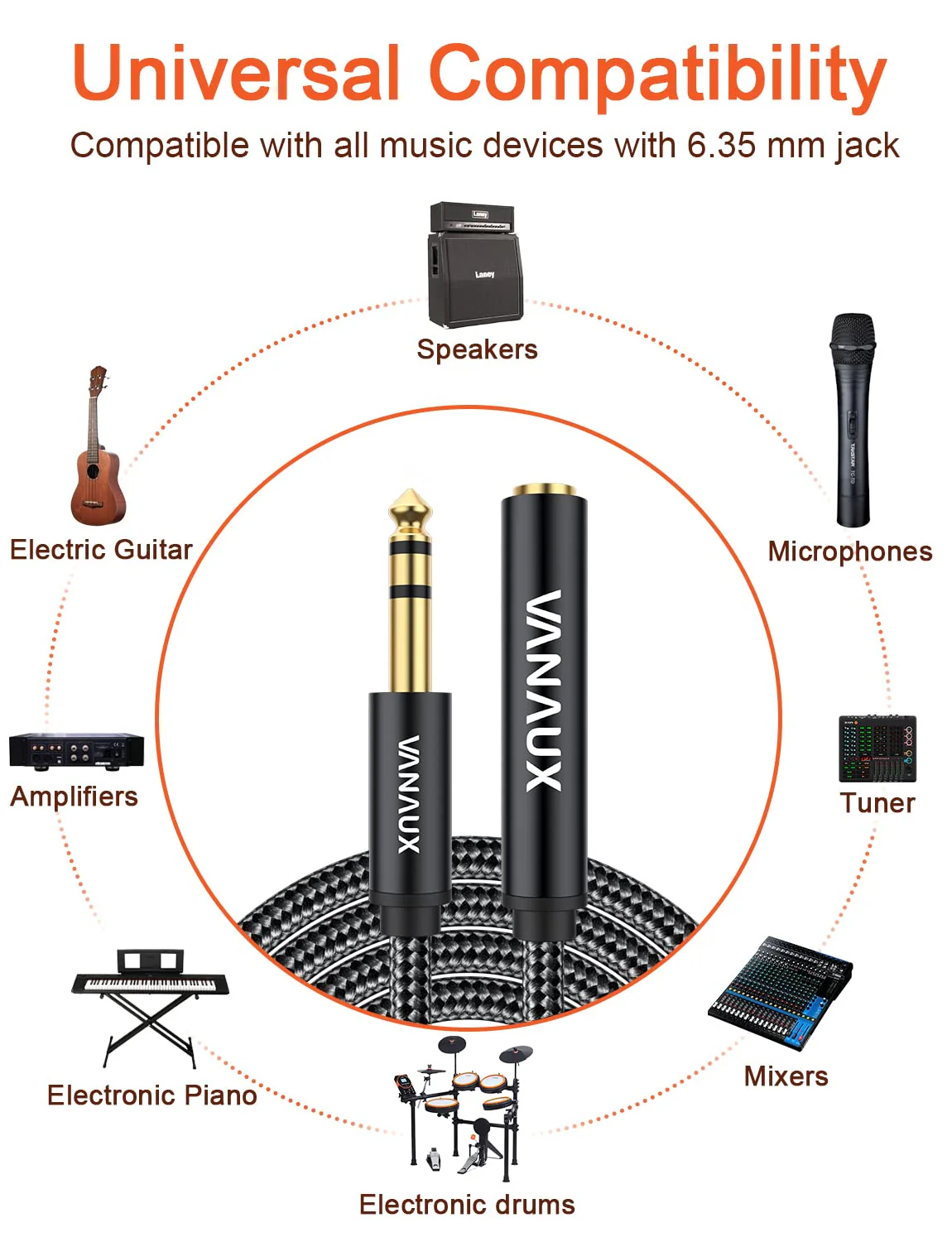 VANAUX 1/4 Inch Extension Cable, 6.35mm 1/4" TRS Male to Female Headphone Guitar Extension Cable with Guitar,Keyboards,Bass,Electronic Drum,Pedal Effects,Amplifier,Mixer,Speaker (10feet/3m) 10feet/3m - Image 3