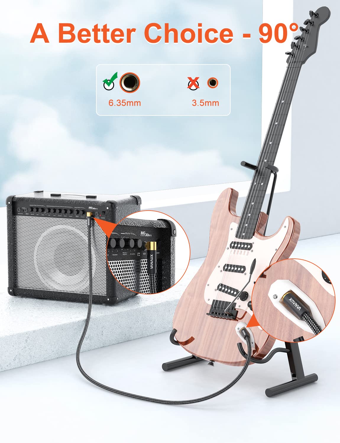 VANAUX 90 Degree Right Angle 1/4 Inch Instrument Cable 6.35mm Mono Jack TS Speaker Cable Compatible with Guitar,Keyboards,Bass,Electronic Drum,Pedal Effects,Amplifier,Audio Mixer,Speaker (10feet/3m) 10feet/3m - Image 3