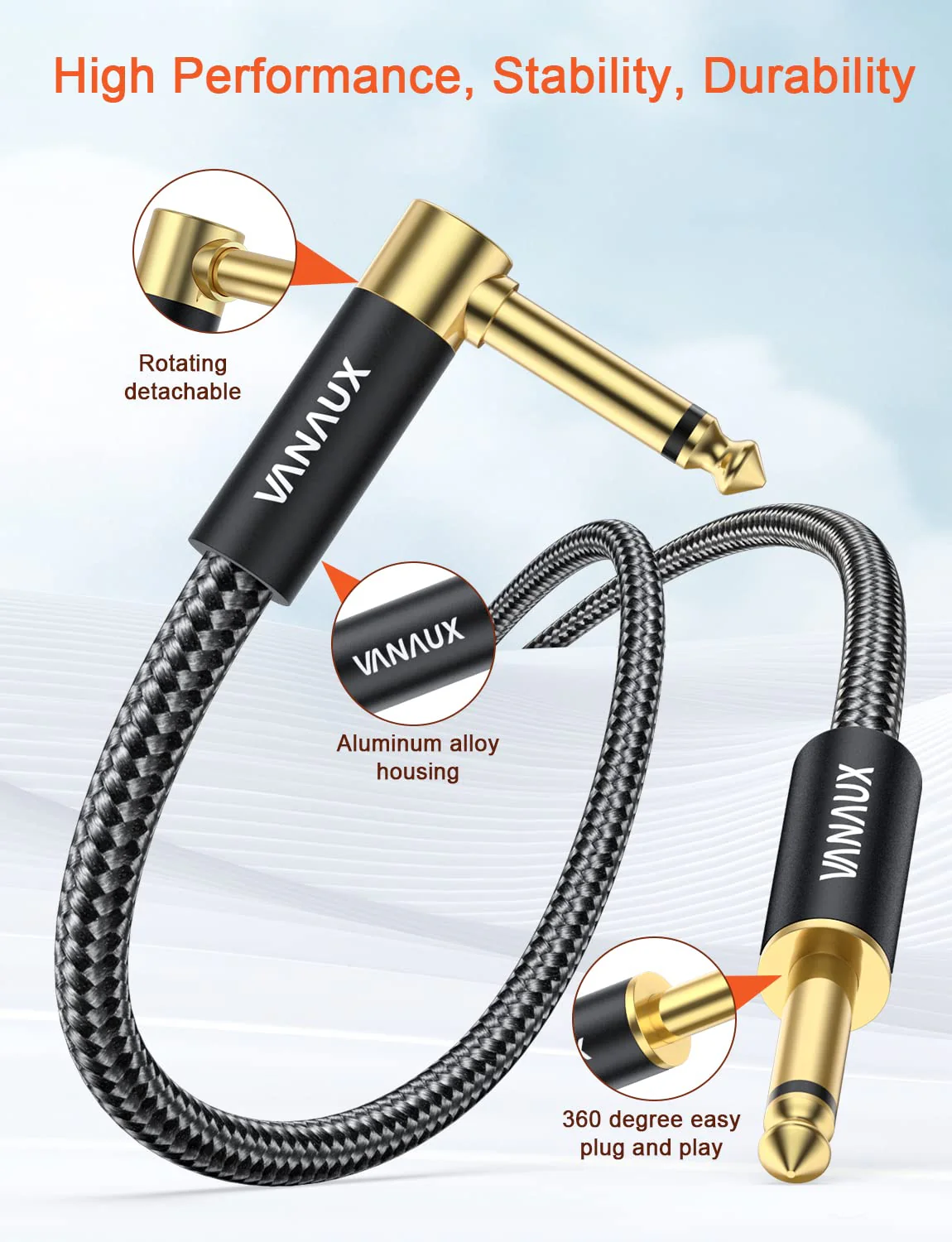VANAUX 90 Degree Right Angle 1/4 Inch Instrument Cable 6.35mm Mono Jack TS Speaker Cable Compatible with Guitar,Keyboards,Bass,Electronic Drum,Pedal Effects,Amplifier,Audio Mixer,Speaker (10feet/3m) 10feet/3m - Image 7
