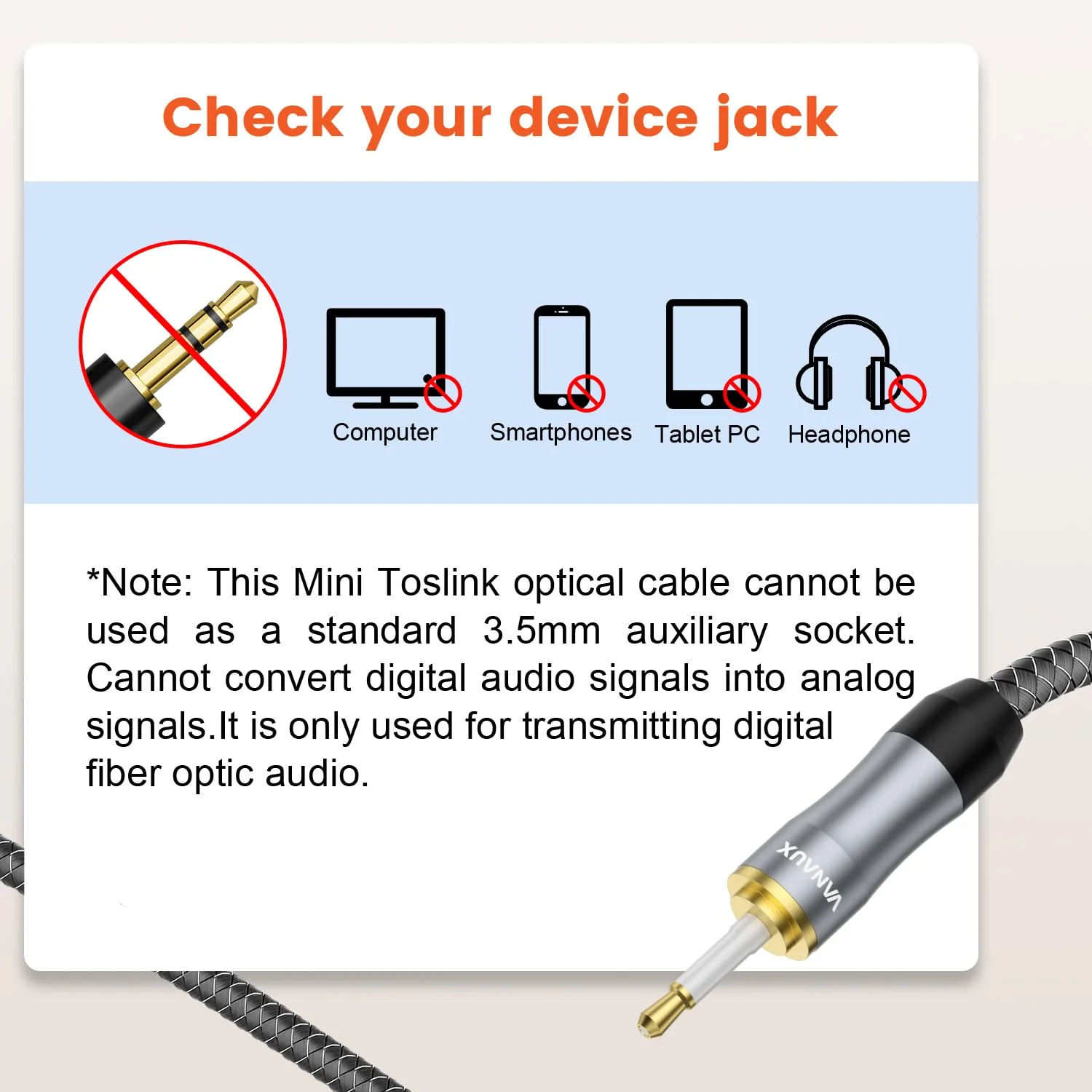 VANAUX Toslink to Mini Toslink Digital Optical Cable,S/PDIF Fiber Optic Audio Cable,24K Gold Plated for TV,Soundbars,Stereo Systems【Not A 3.5mm Auxiliary Plug】(20ft/6m) Mini Toslink to Toslink 20 ft - Image 2