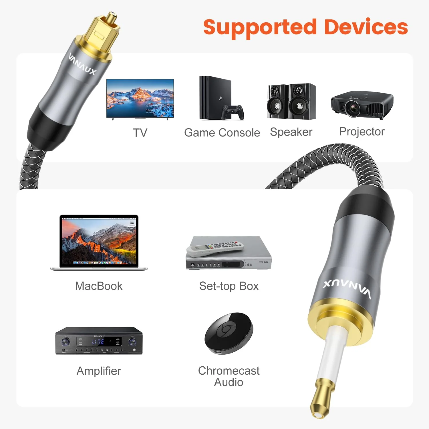 VANAUX Toslink to Mini Toslink Digital Optical Cable,S/PDIF Fiber Optic Audio Cable,24K Gold Plated for TV,Soundbars,Stereo Systems【Not A 3.5mm Auxiliary Plug】(20ft/6m) Mini Toslink to Toslink 20 ft - Image 6