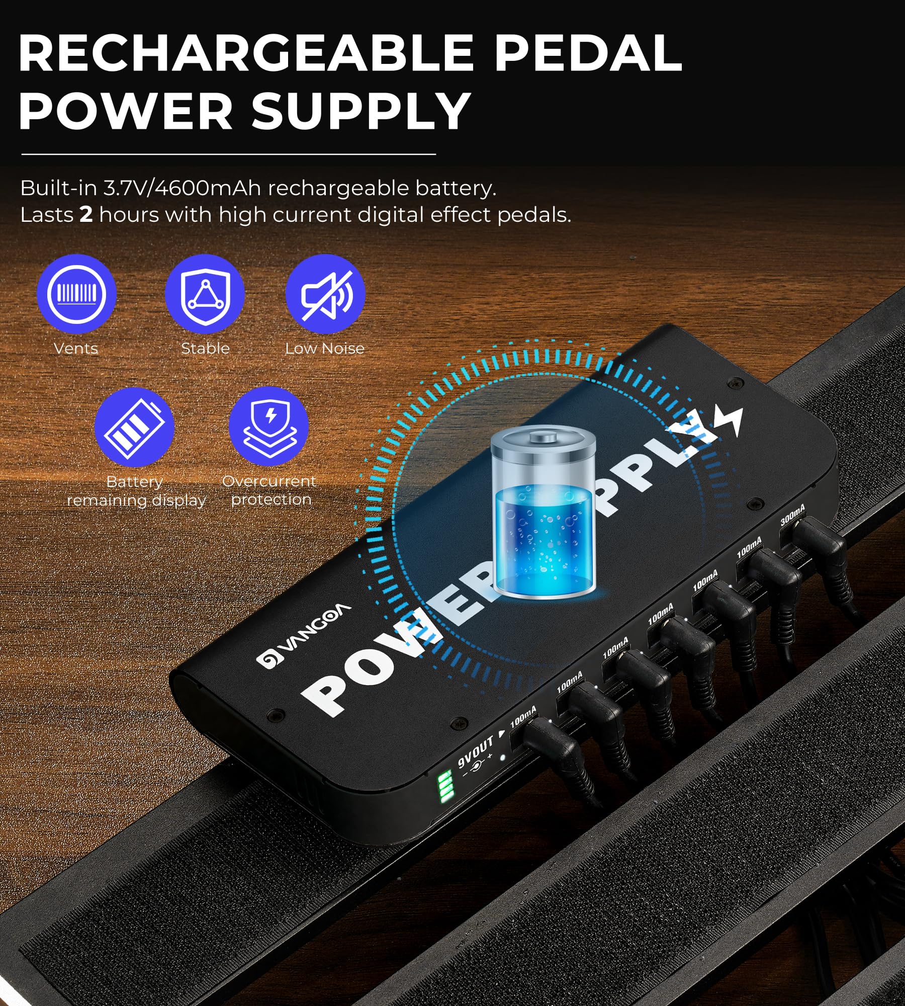 Vangoa Rechargeable Guitar Pedal Power Supply Built-in 4600mAh Battery with LED Indicator 7 Outputs DC 9V (300mA, 100mA), 5V/1A USB Port, Portable Guitar Pedal Power Supply, Black, PS-01 6.9''*3''*0.9'' - Image 2