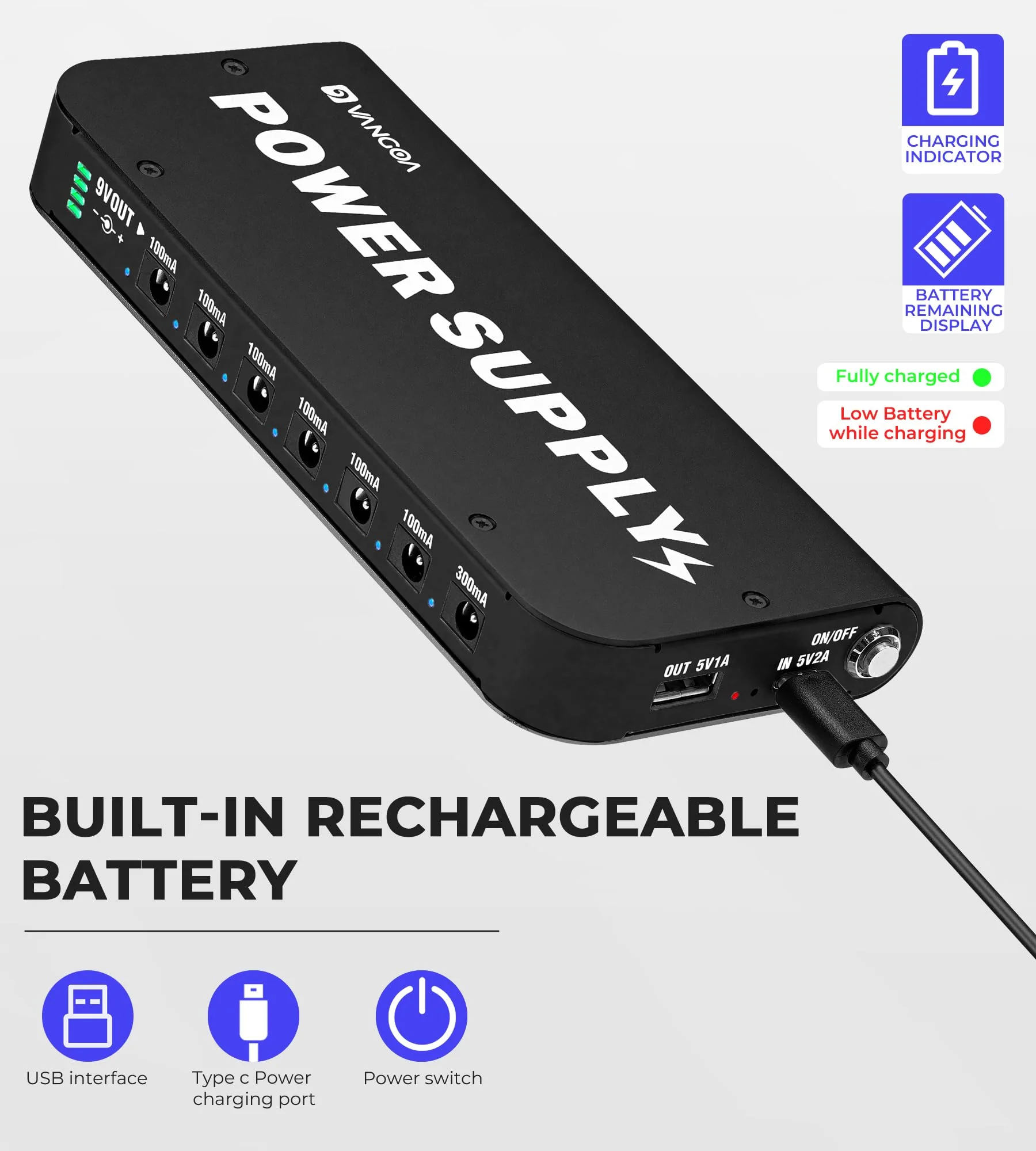 Vangoa Rechargeable Guitar Pedal Power Supply Built-in 4600mAh Battery with LED Indicator 7 Outputs DC 9V (300mA, 100mA), 5V/1A USB Port, Portable Guitar Pedal Power Supply, Black, PS-01 6.9''*3''*0.9'' - Image 3