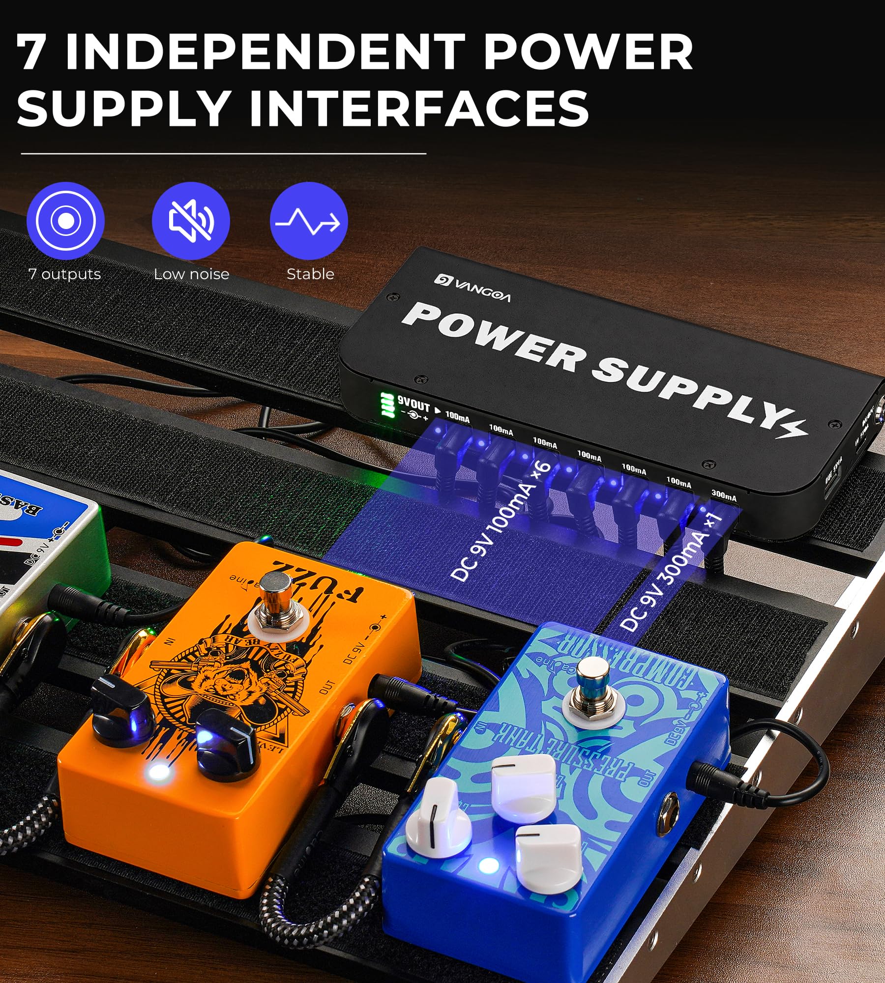 Vangoa Rechargeable Guitar Pedal Power Supply Built-in 4600mAh Battery with LED Indicator 7 Outputs DC 9V (300mA, 100mA), 5V/1A USB Port, Portable Guitar Pedal Power Supply, Black, PS-01 6.9''*3''*0.9'' - Image 5