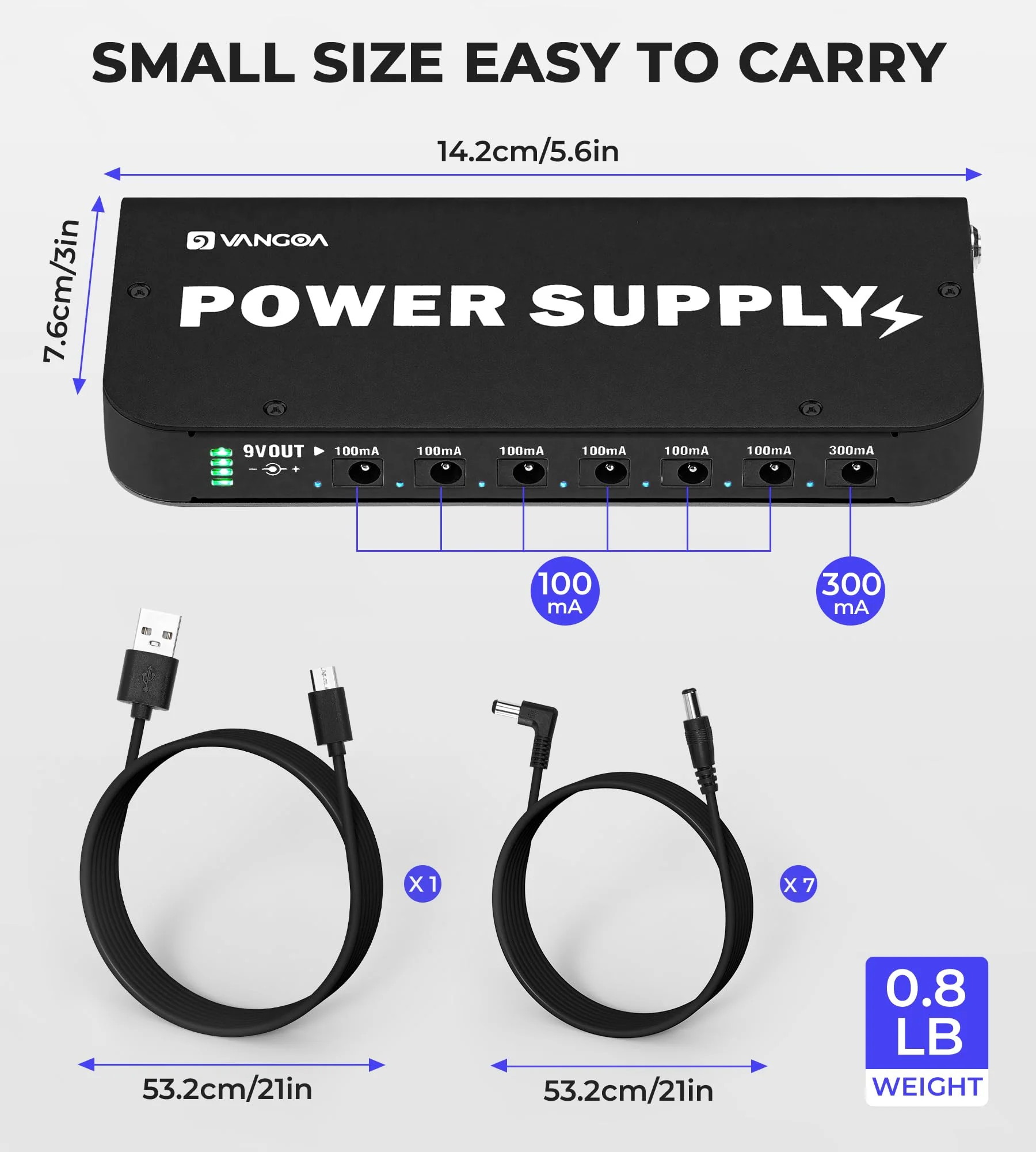 Vangoa Rechargeable Guitar Pedal Power Supply Built-in 4600mAh Battery with LED Indicator 7 Outputs DC 9V (300mA, 100mA), 5V/1A USB Port, Portable Guitar Pedal Power Supply, Black, PS-01 6.9''*3''*0.9'' - Image 6