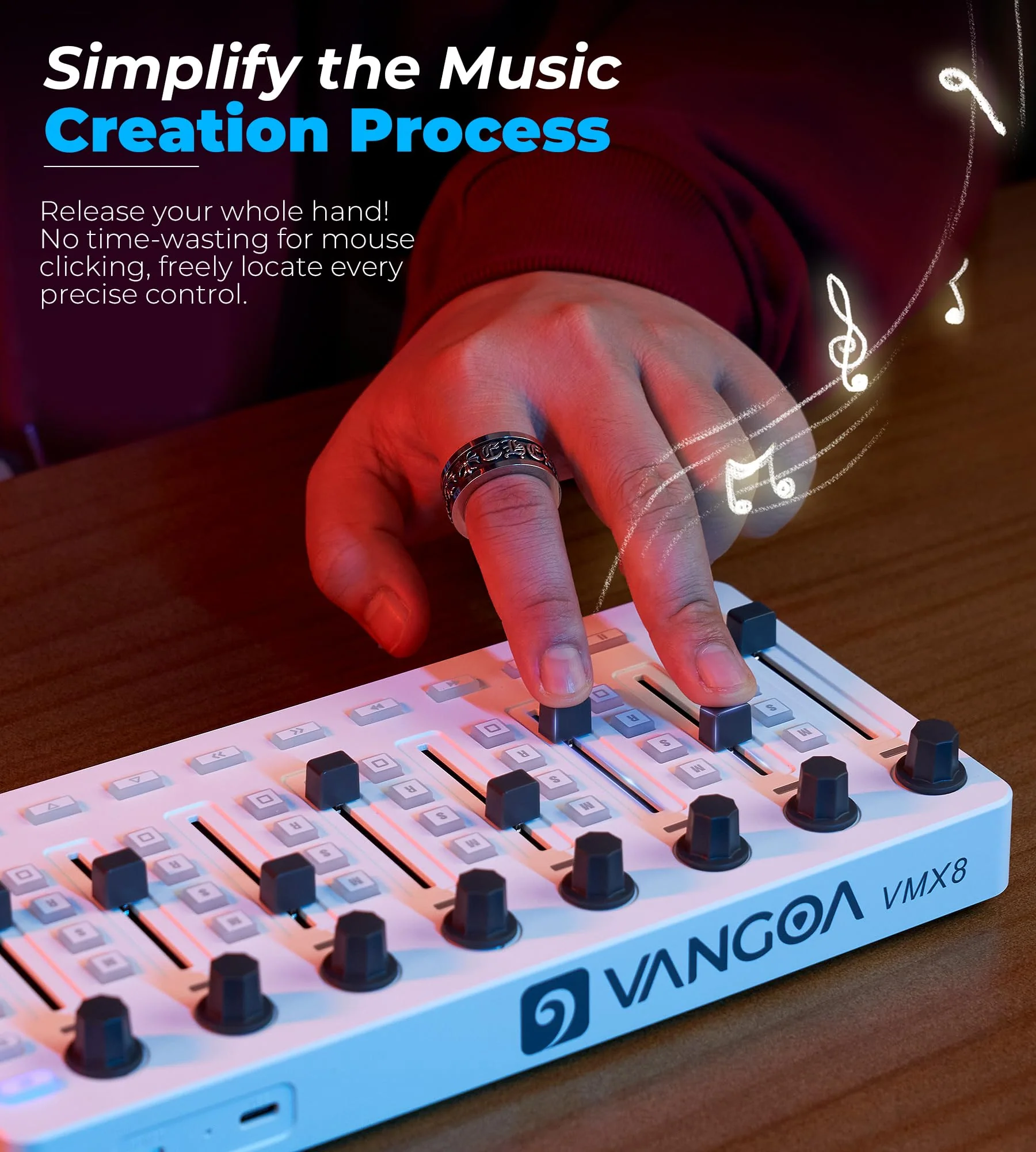 Vangoa Wireless Midi Controller Mixer Mute, Portable USB Midi Keyboard controlador Mixing Console 43 Backlit Button, 8 Channel Faders with LED indicator, 8 Assignable Endless Knobs for Daw, Mac, PC White Midi Mixer - Image 2