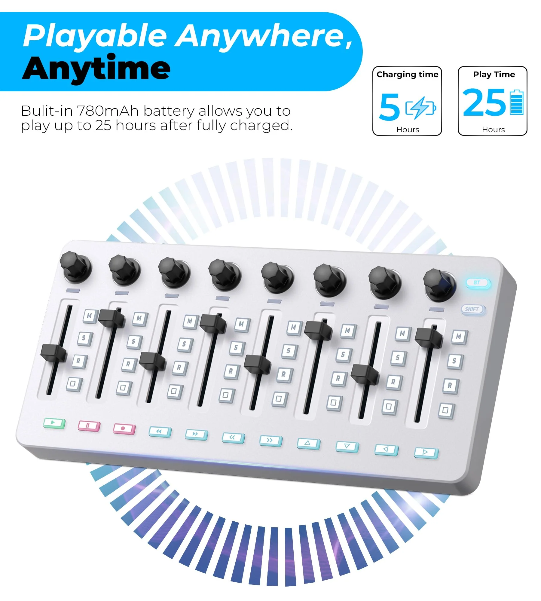 Vangoa Wireless Midi Controller Mixer Mute, Portable USB Midi Keyboard controlador Mixing Console 43 Backlit Button, 8 Channel Faders with LED indicator, 8 Assignable Endless Knobs for Daw, Mac, PC White Midi Mixer - Image 5