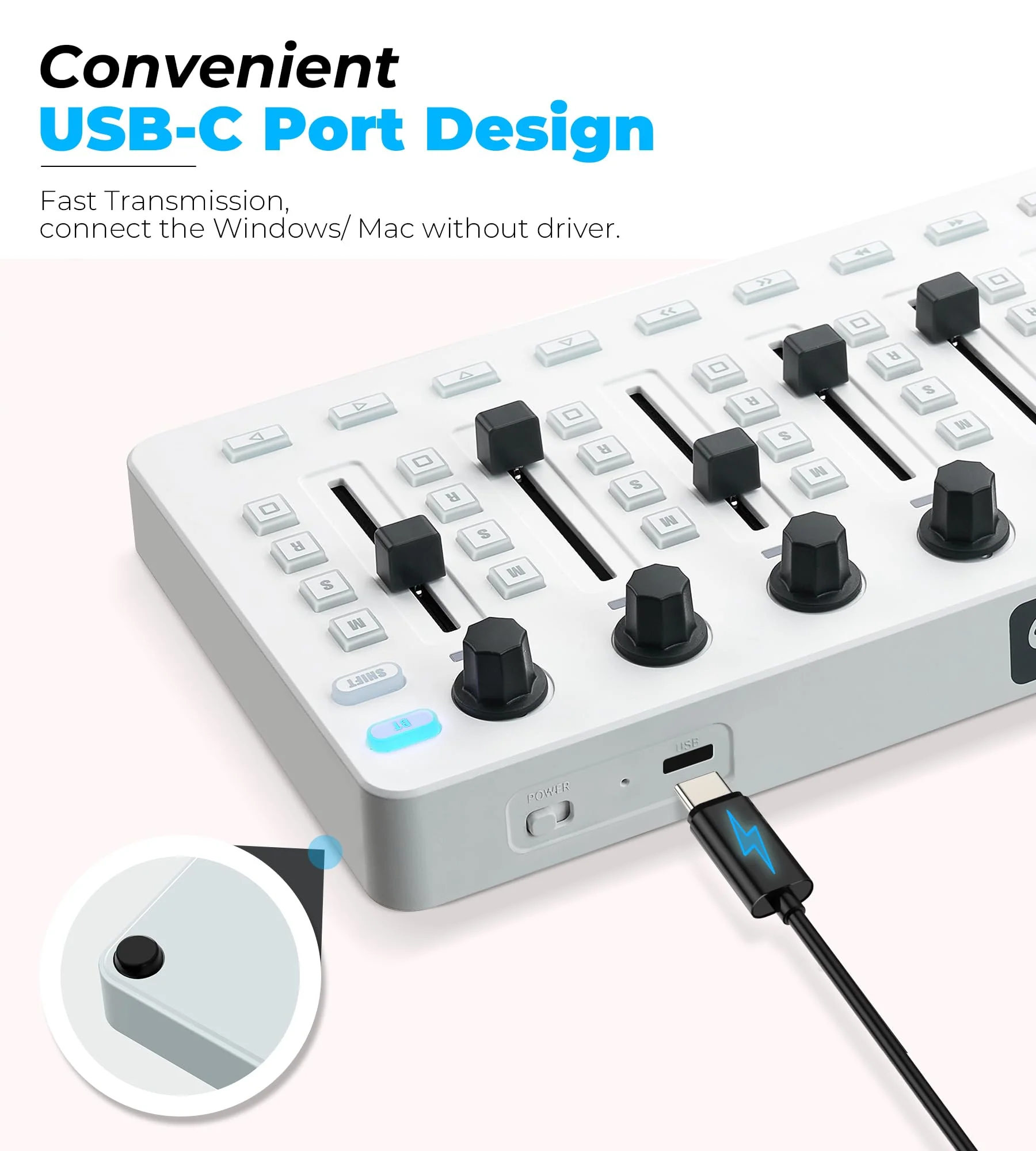 Vangoa Wireless Midi Controller Mixer Mute, Portable USB Midi Keyboard controlador Mixing Console 43 Backlit Button, 8 Channel Faders with LED indicator, 8 Assignable Endless Knobs for Daw, Mac, PC White Midi Mixer - Image 7