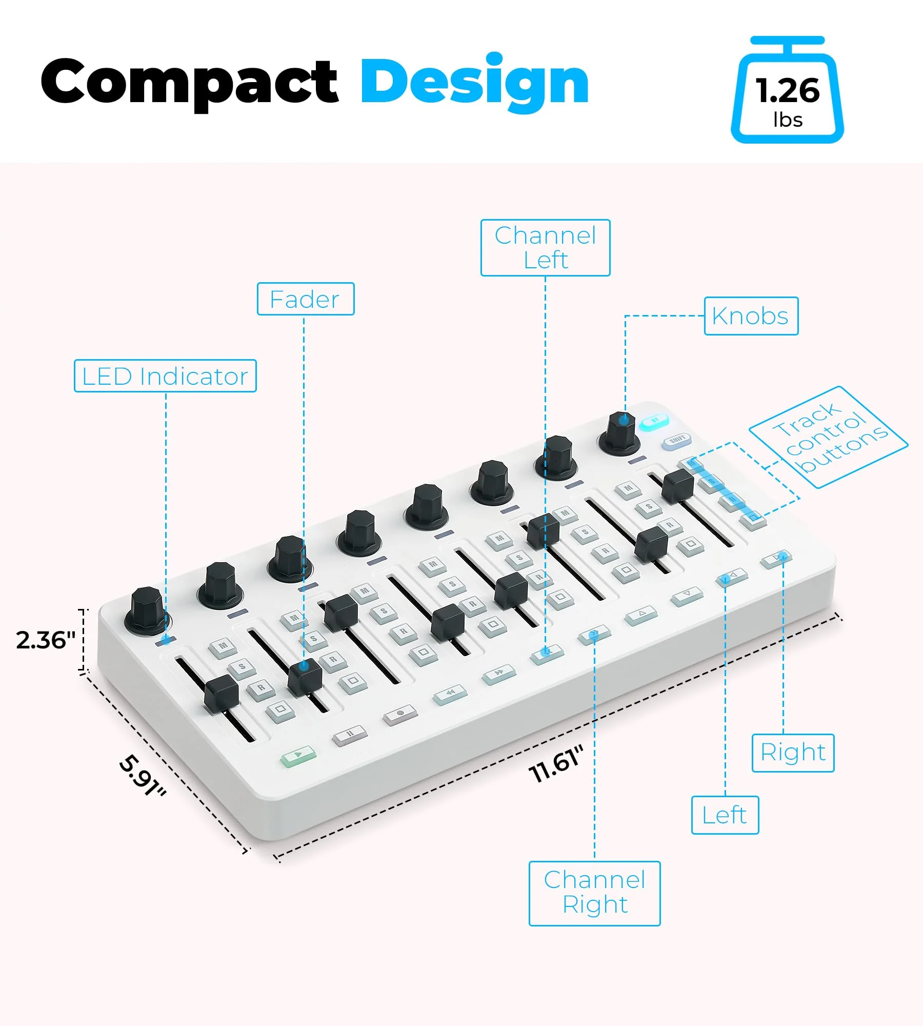 Vangoa Wireless Midi Controller Mixer Mute, Portable USB Midi Keyboard controlador Mixing Console 43 Backlit Button, 8 Channel Faders with LED indicator, 8 Assignable Endless Knobs for Daw, Mac, PC White Midi Mixer - Image 9