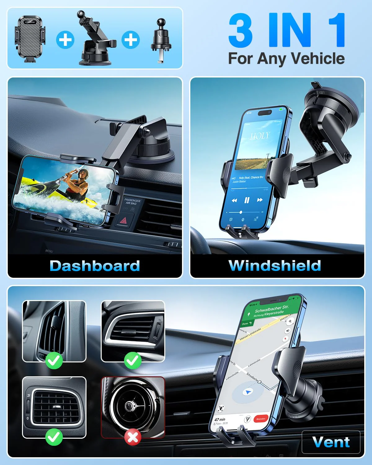 VANMASS Car Phone Holder [Upgraded Strongest Suction & Clip] Cell Phone Mount for Dashboard Windshield Vent Wall,Truck Cradle Stand for iPhone 17 Pro Max 16 15 14 13 12 11 SE Samsung S26 Android,Black Black - Image 4