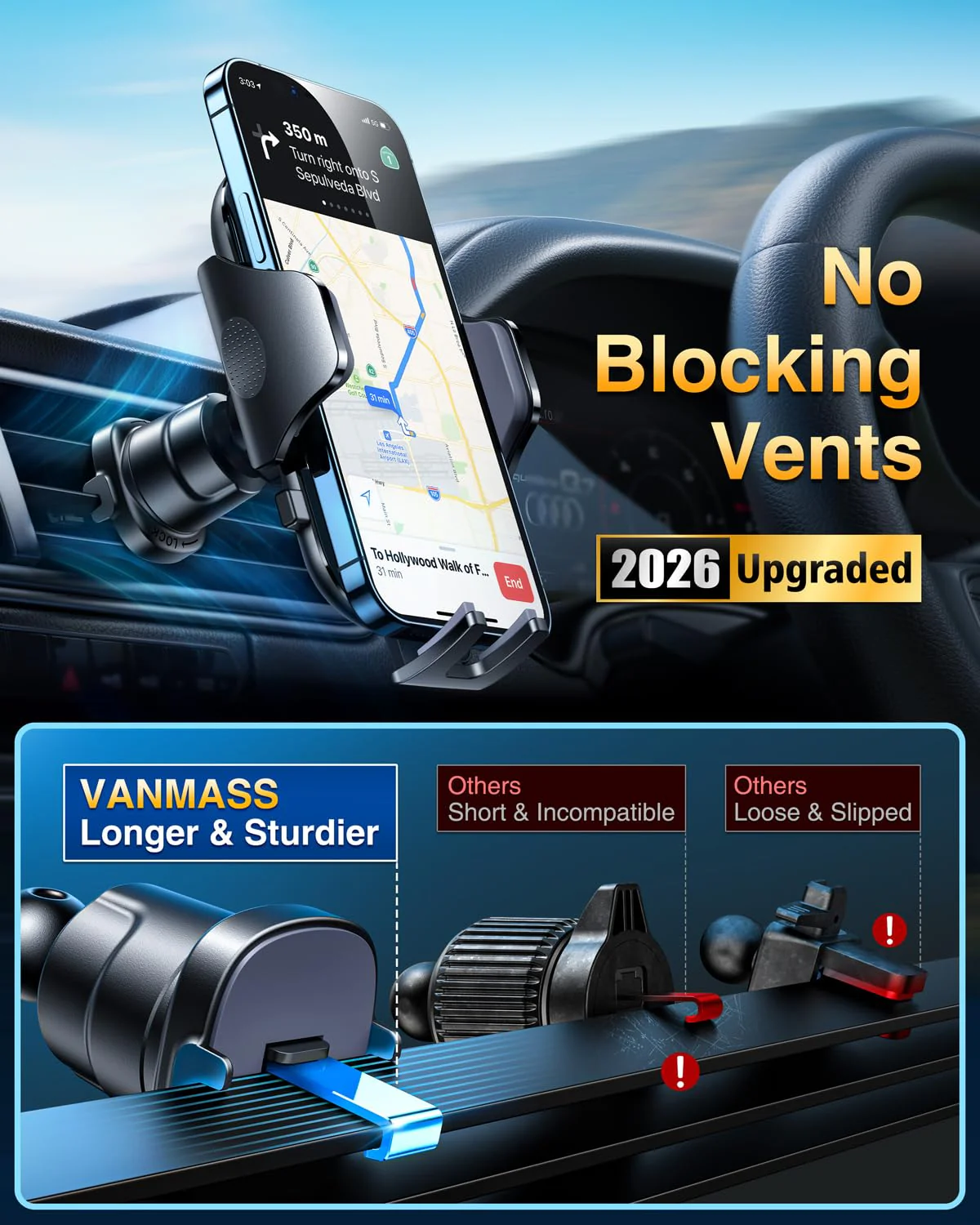 VANMASS Car Phone Holder [Upgraded Strongest Suction & Clip] Cell Phone Mount for Dashboard Windshield Vent Wall,Truck Cradle Stand for iPhone 17 Pro Max 16 15 14 13 12 11 SE Samsung S26 Android,Black Black - Image 6