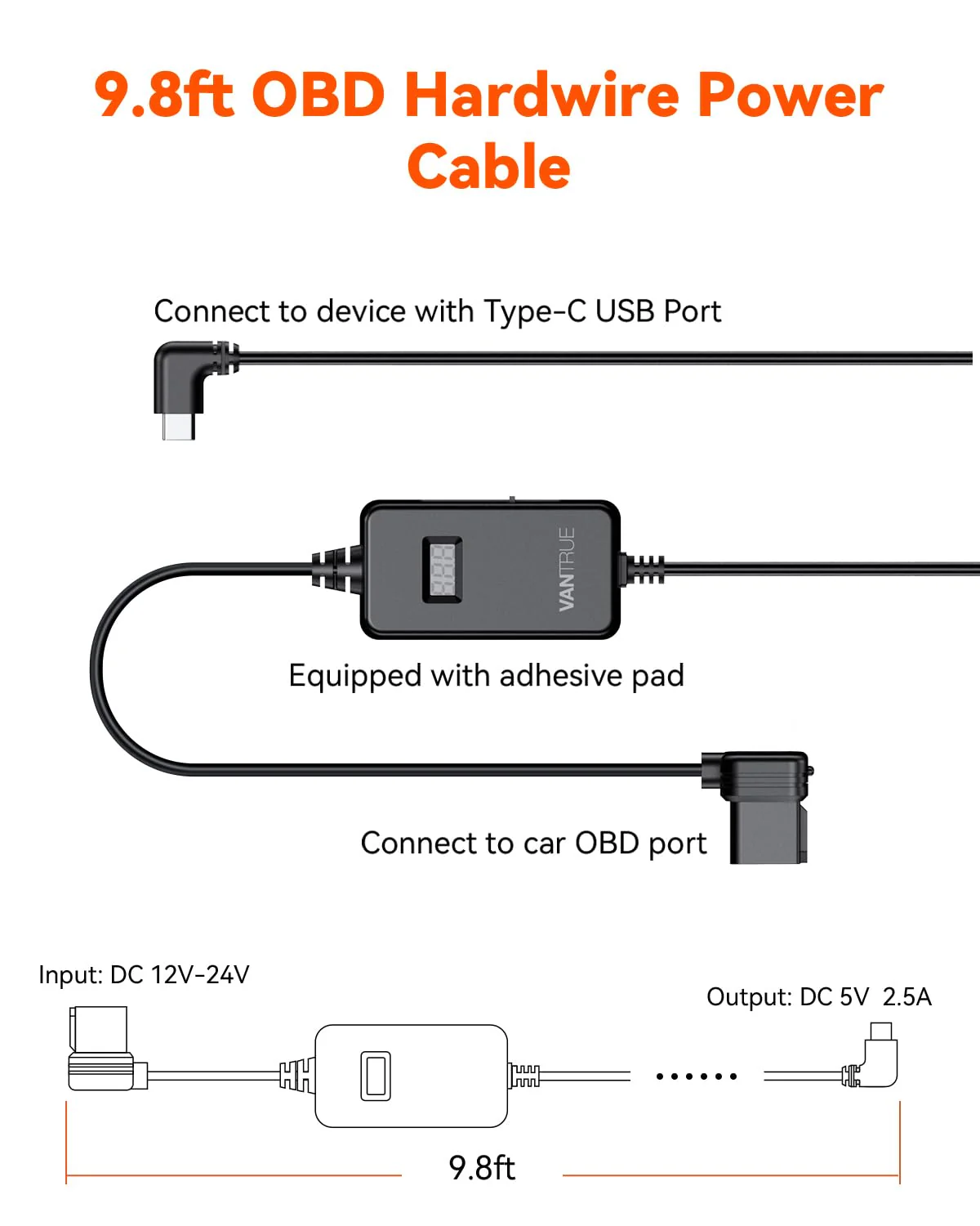 VANTRUE 10ft USB-C USB LED Screen OBD Hardwire Power Cable, 3 Gear Shifting, Low Voltage Protection for Parking Mode, for E1 Pro,N4 Pro S,N5(S),N4(S),S1 Pro(Max),N2X,E360/ACE,E1 Lite, E2 Dash Cam - Image 2
