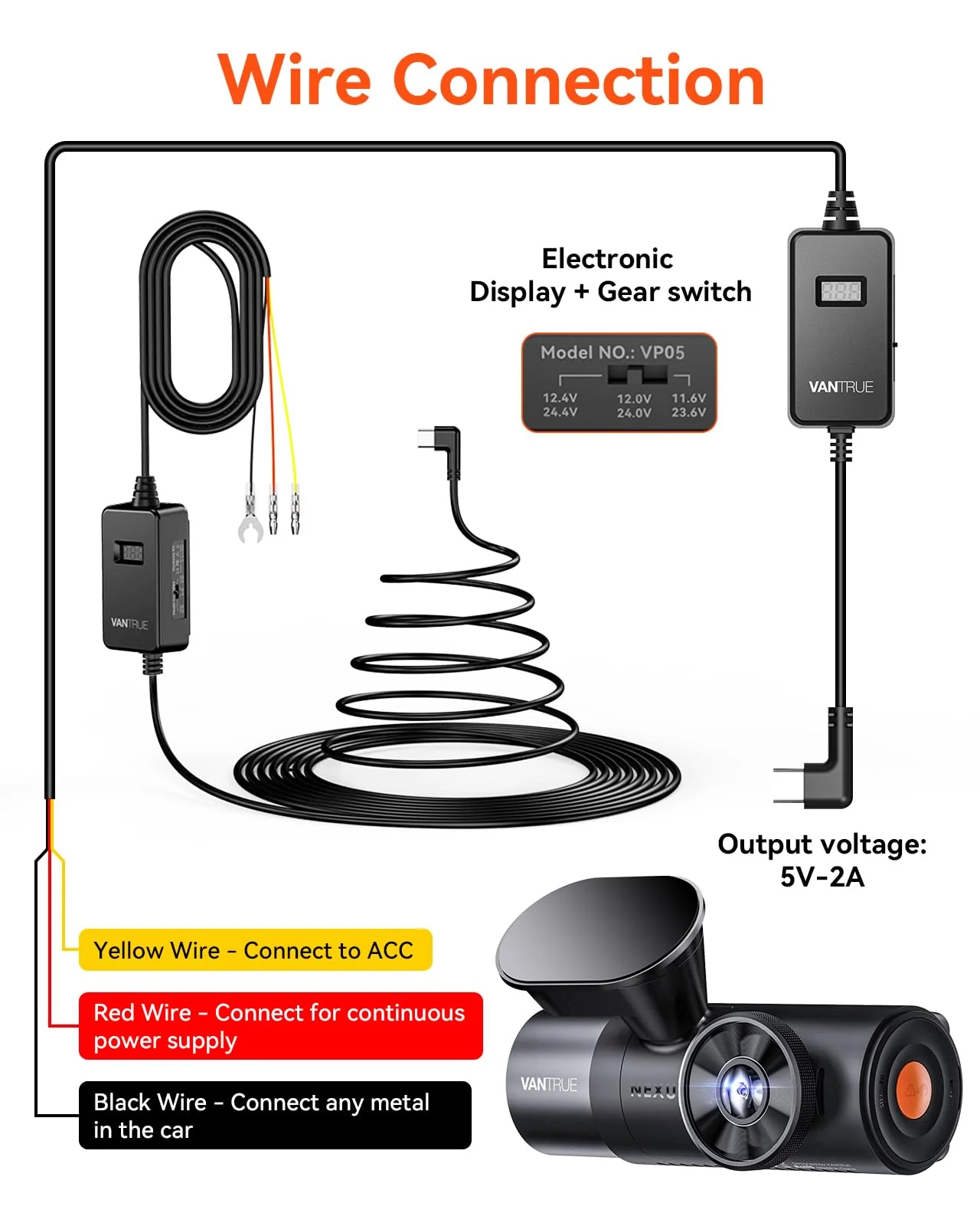 Vantrue USB-C Display Hardwire Kit with 3-Stage, Acc Cable for Dashcam, 11.6/23.6V, 12/24V, 12.4/24.4V to 5V, Fuse Holder with Low Voltage Protection, 24-Hour Parking Mode - Image 2