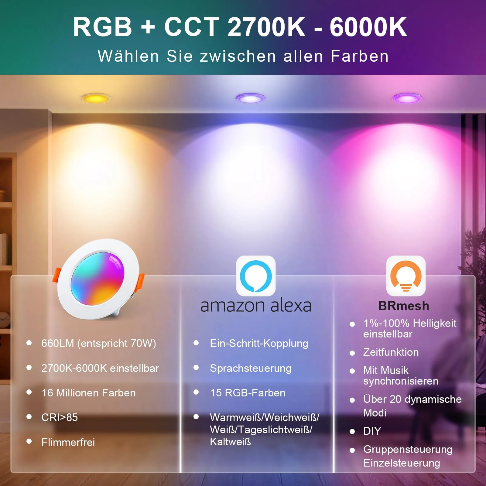 VARICART LED Recessed Spotlight 230 V RGB Alexa, Smart LED Spot Flat Bluetooth 7 W 2700 K-6000 K, Recessed Spotlights, Dimmable, Colourful, Set of 6, IP44 68 mm Recessed Lights, App Control, Colours 7W Ø68-85mm Lochmass - Image 3