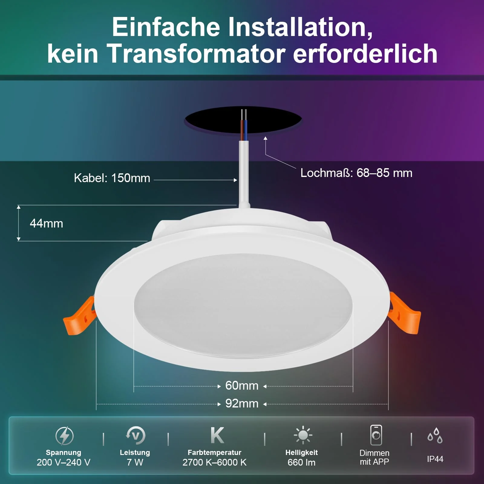 VARICART LED Recessed Spotlight 230 V RGB Alexa, Smart LED Spot Flat Bluetooth 7 W 2700 K-6000 K, Recessed Spotlights, Dimmable, Colourful, Set of 6, IP44 68 mm Recessed Lights, App Control, Colours 7W Ø68-85mm Lochmass - Image 6