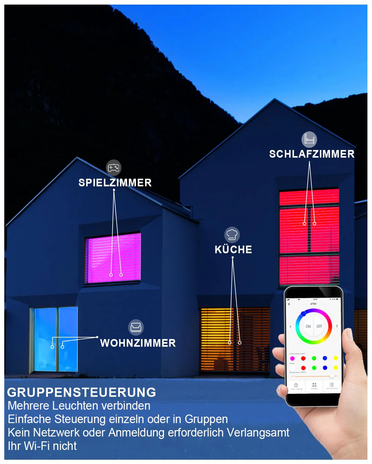 VARICART LED Recessed Spotlight 230 V RGB Alexa, Smart LED Spot Flat Bluetooth 7 W 2700 K-6000 K, Recessed Spotlights, Dimmable, Colourful, Set of 6, IP44 68 mm Recessed Lights, App Control, Colours 7W Ø68-85mm Lochmass - Image 8