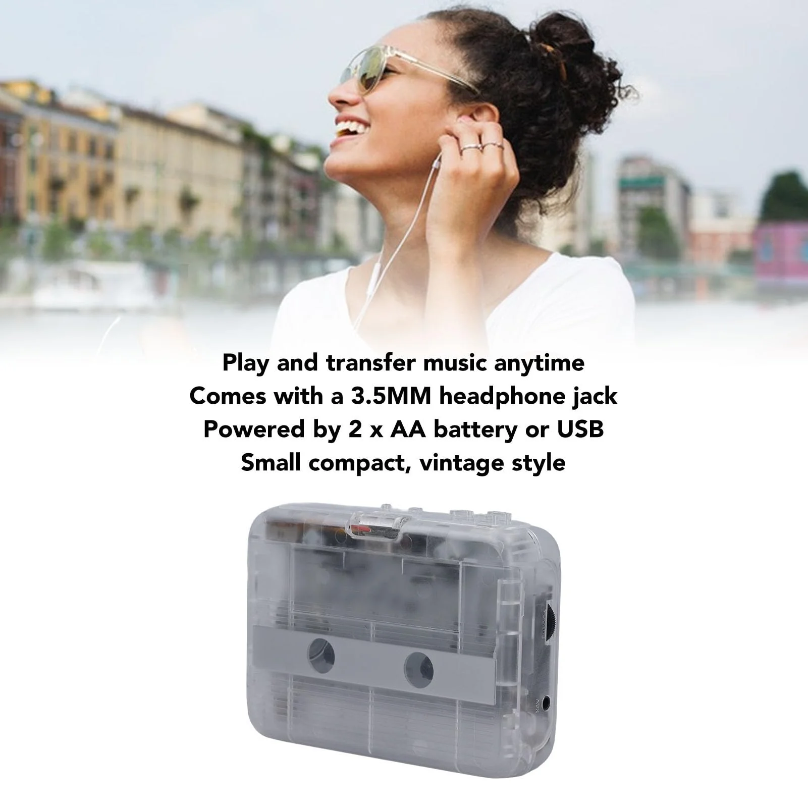 VBESTLIFE Portable Cassette Player Recorder with Bluetooth Transmitter, Cassette Tape Player with 3.5mm Headphone Jack,Powered by AC Adapter or AA Battery (Clear) Clear - Image 2