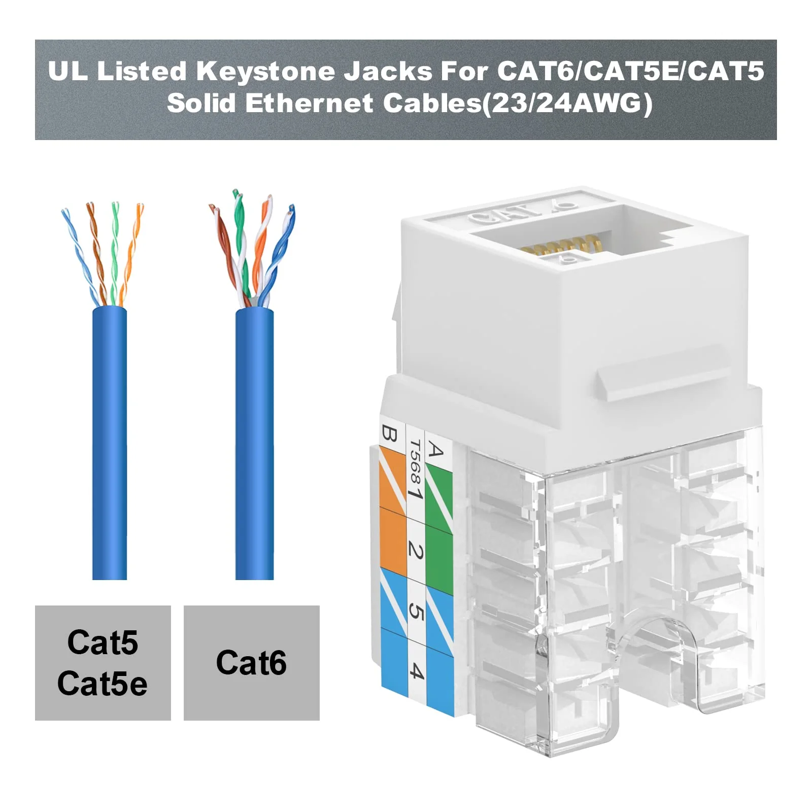 VCE Cat6 RJ45 Keystone Jack Insert UL Listed 25-Pack, 90 Degree Punch Down Keystone Jack Adapter Slim Profile White - Image 2