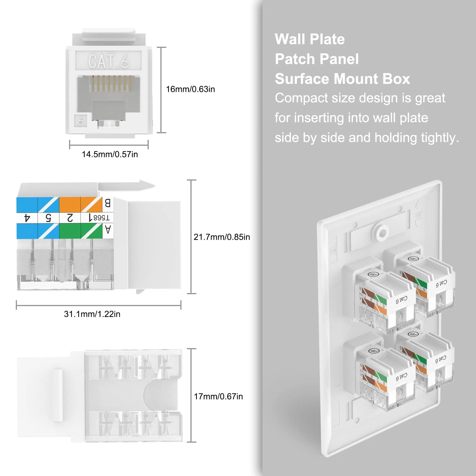 VCE Cat6 RJ45 Keystone Jack Insert UL Listed 25-Pack, 90 Degree Punch Down Keystone Jack Adapter Slim Profile White - Image 3