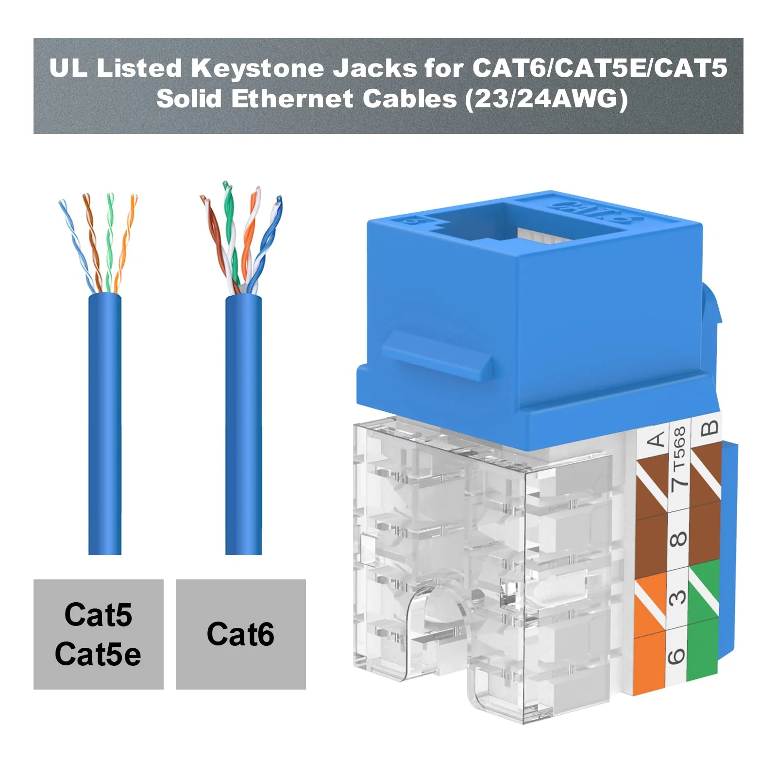 VCE RJ45 Cat6 Keystone Jacks Slim Profile UL-Listed 25-Pack, 90-Degree Ethernet Punch Down Keystone Jack Adapter-Blue Blue - Image 3