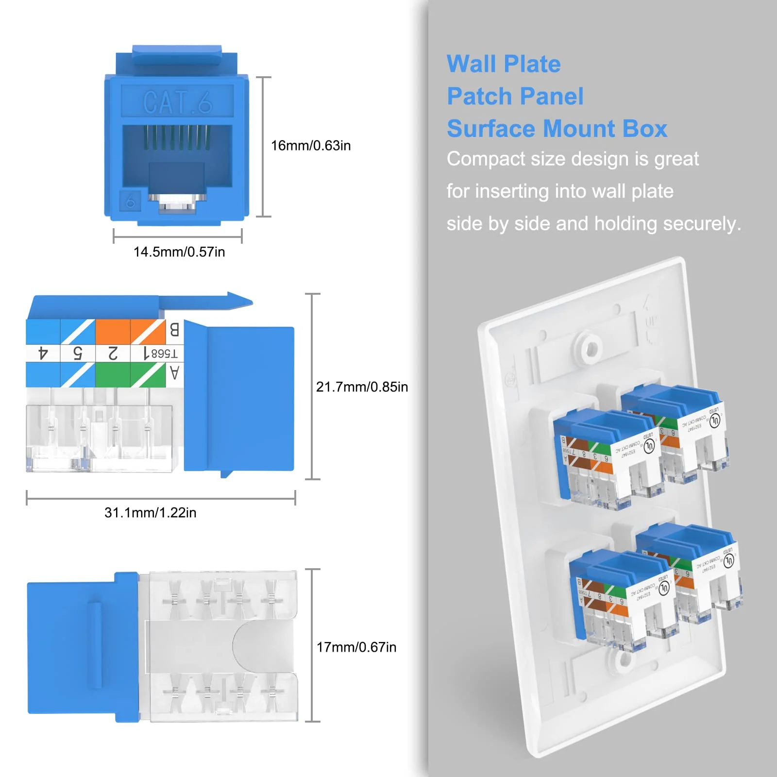 VCE RJ45 Cat6 Keystone Jacks Slim Profile UL-Listed 25-Pack, 90-Degree Ethernet Punch Down Keystone Jack Adapter-Blue Blue - Image 5