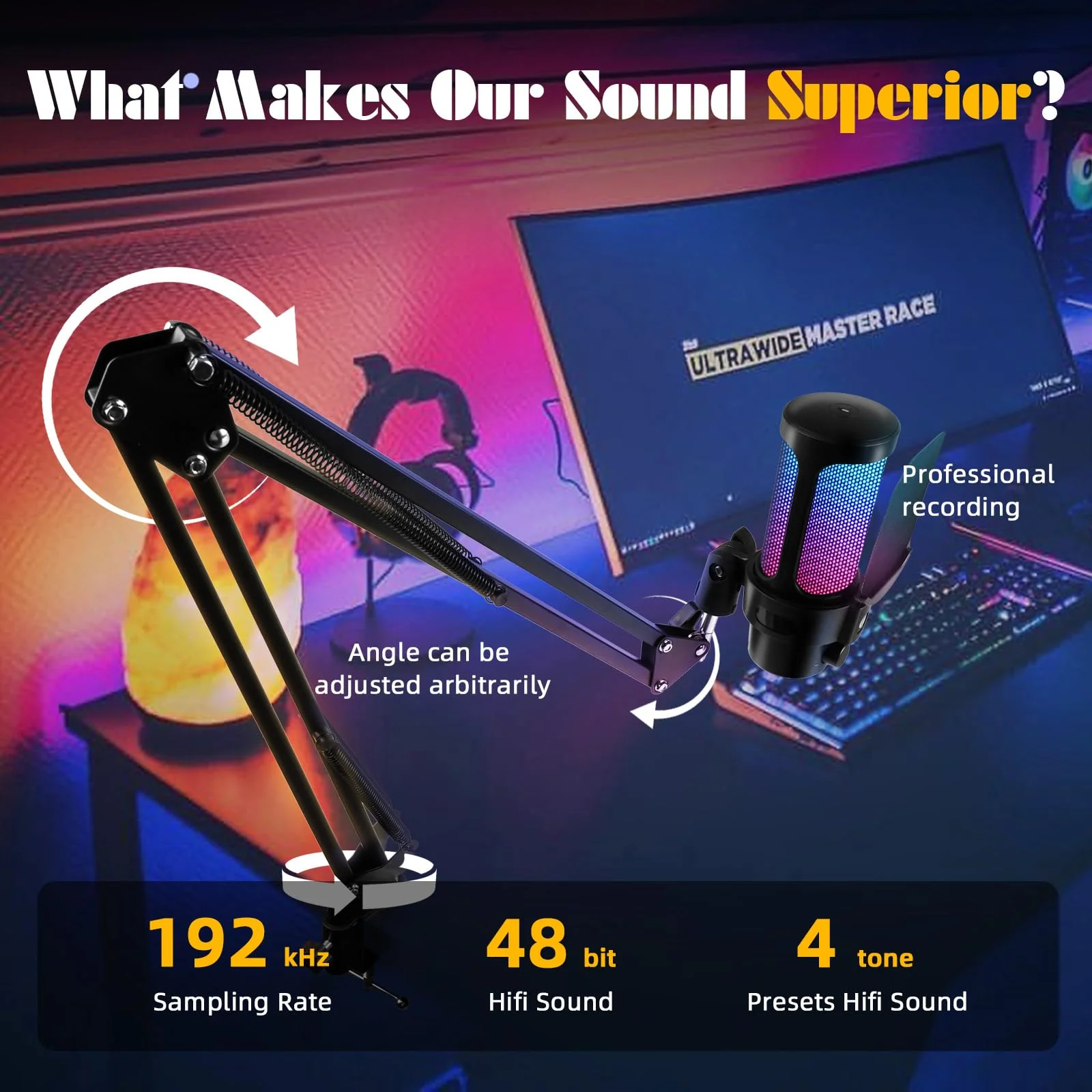 VCOM Gaming USB Microphone Kit,Condenser Dynamic Boom Arm Mic for Podcasting,Streaming, with Boom Arm Stand,Quick Mute,Pop Filter,RGB Indicator,Shock Mount,Rotate gain Button, Compatible with PS4/5/PC - Image 4