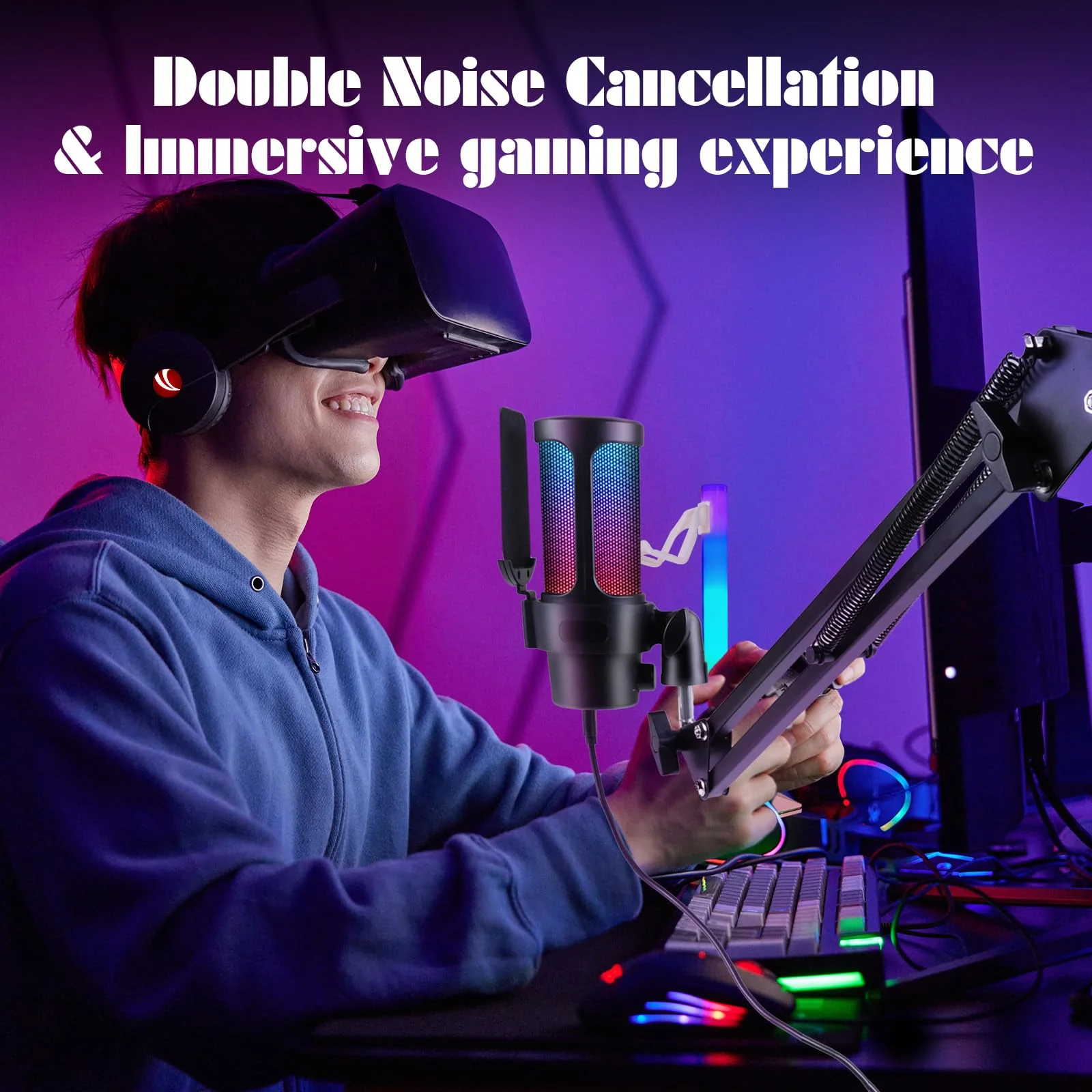 VCOM Gaming USB Microphone Kit,Condenser Dynamic Boom Arm Mic for Podcasting,Streaming, with Boom Arm Stand,Quick Mute,Pop Filter,RGB Indicator,Shock Mount,Rotate gain Button, Compatible with PS4/5/PC - Image 7