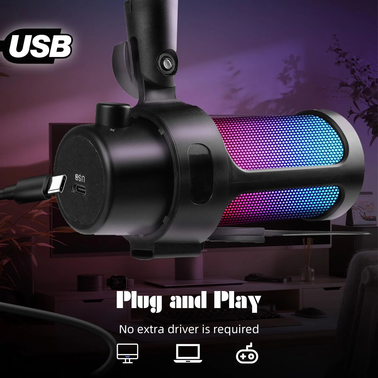 VCOM Gaming USB Microphone Kit,Condenser Dynamic Boom Arm Mic for Podcasting,Streaming, with Boom Arm Stand,Quick Mute,Pop Filter,RGB Indicator,Shock Mount,Rotate gain Button, Compatible with PS4/5/PC - Image 8