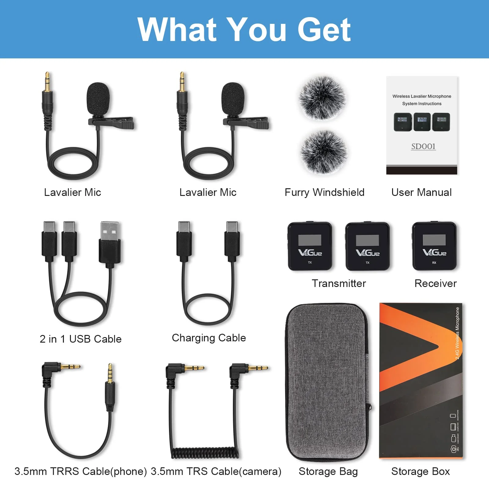 VeGue Wireless Lavalier Microphone System, 2.4GHz Dual Channel Wireless Lapel Mic with Noise Cancellation for DSLR Cameras, Camcorders and Phones, Lavalier Mic for TikTok, Interview and Recording Black - Image 8