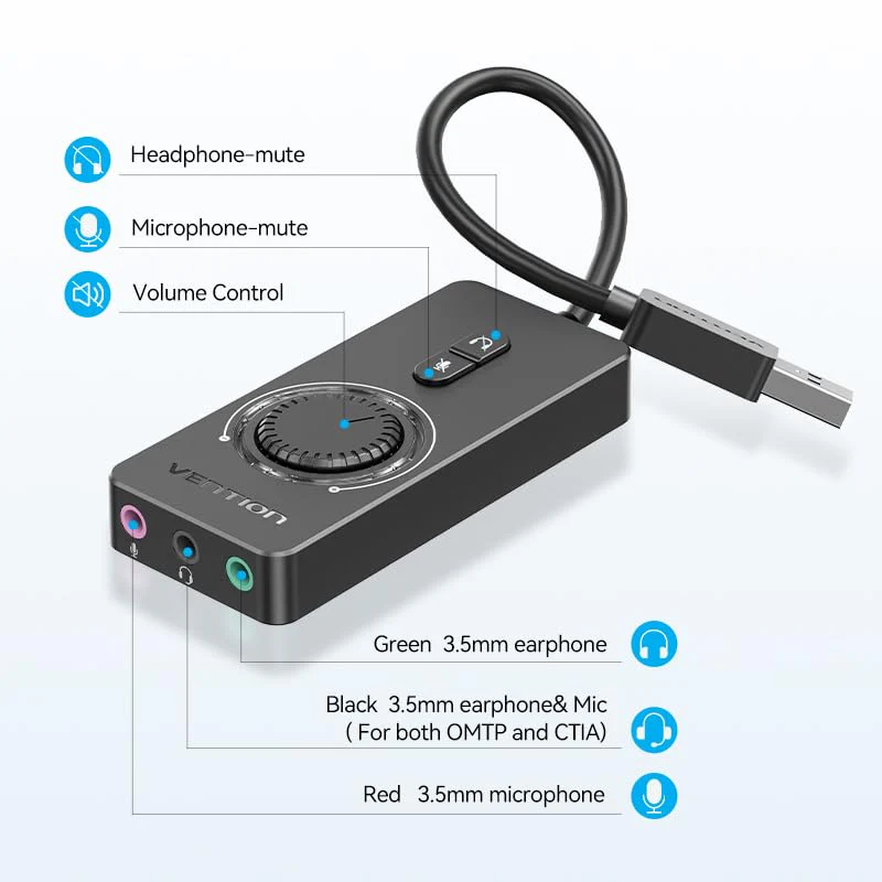 VENTION USB Sound Card, External Stereo Sound Card with Volume Control, USB to 3.5mm Jack Audio Adapter for Windows, Mac, PC, Laptop, Desktop, Headset, Switch and More Three Jack - Image 2