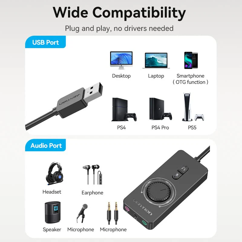VENTION USB Sound Card, External Stereo Sound Card with Volume Control, USB to 3.5mm Jack Audio Adapter for Windows, Mac, PC, Laptop, Desktop, Headset, Switch and More Three Jack - Image 6